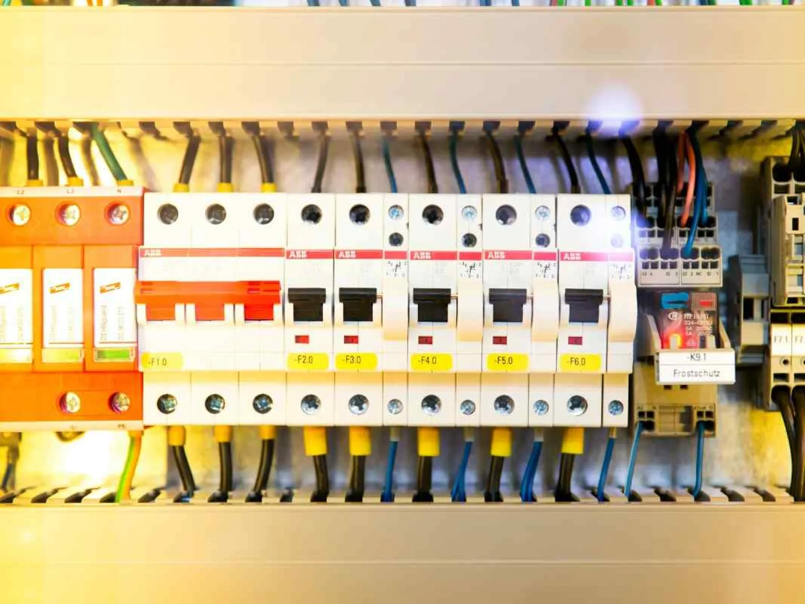 Close-up of an electrical control panel with circuit breakers, wiring, and switches in a metal enclosure.