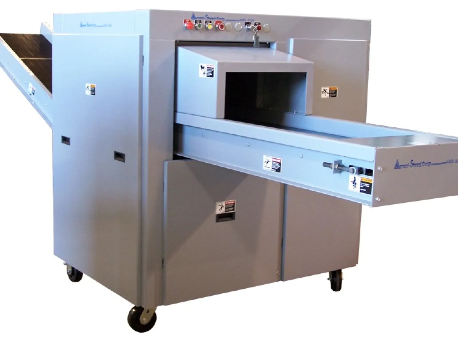 Industrial paper folding machine with conveyor belt and control knobs on top, set on wheels for mobility
