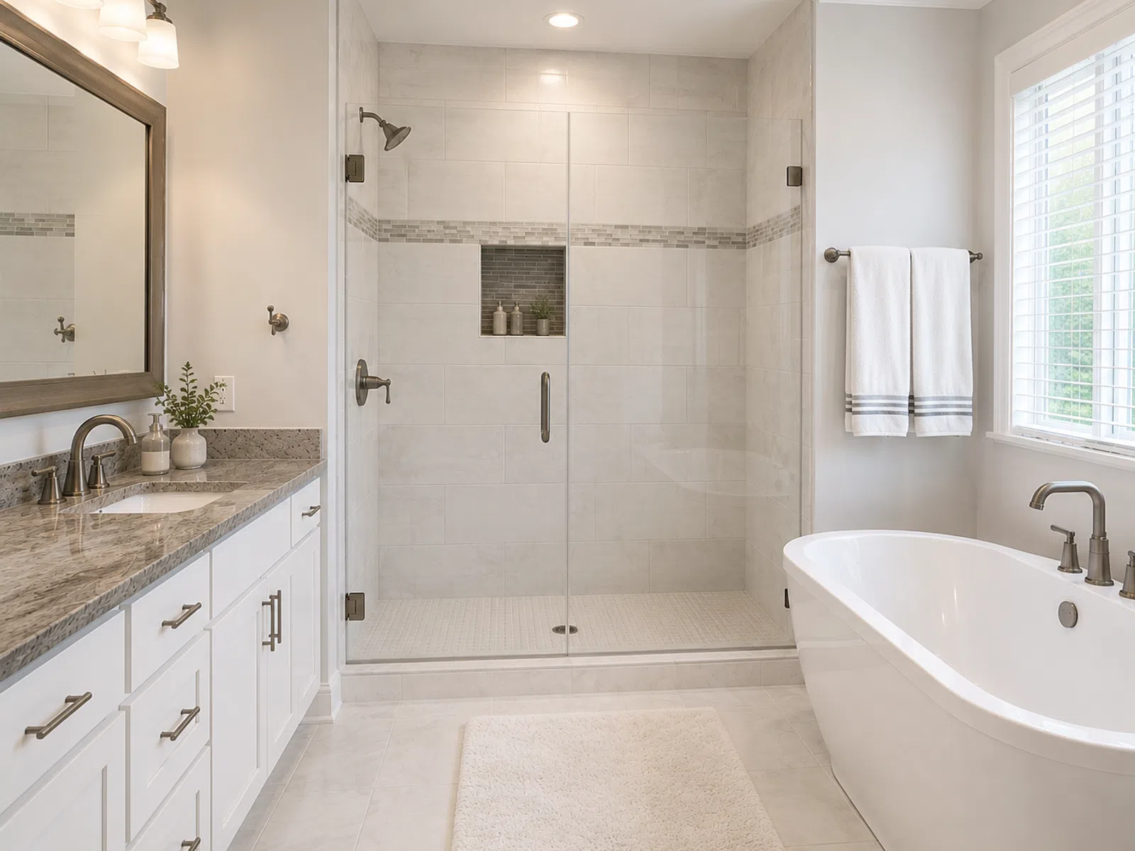 Modern bathroom with white vanity, granite countertop, glass shower, freestanding tub, and natural lighting.