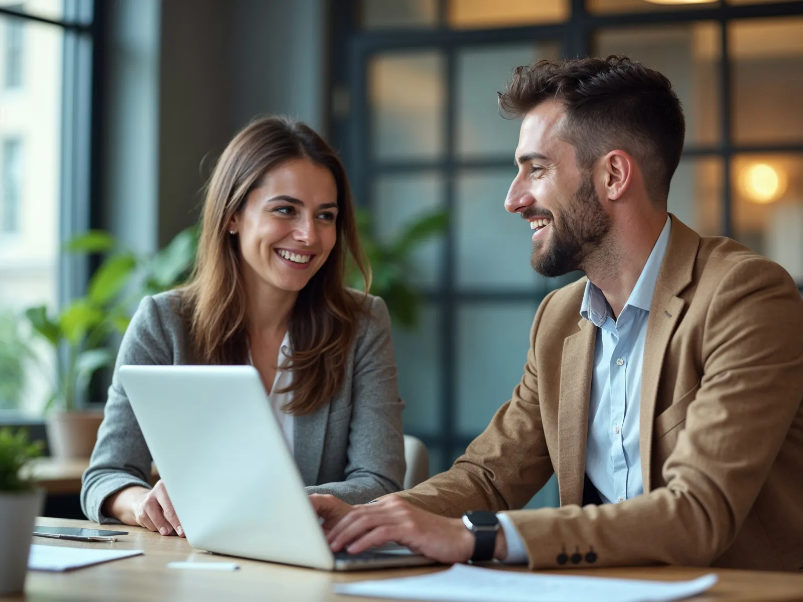 a man and a woman looking at a laptop