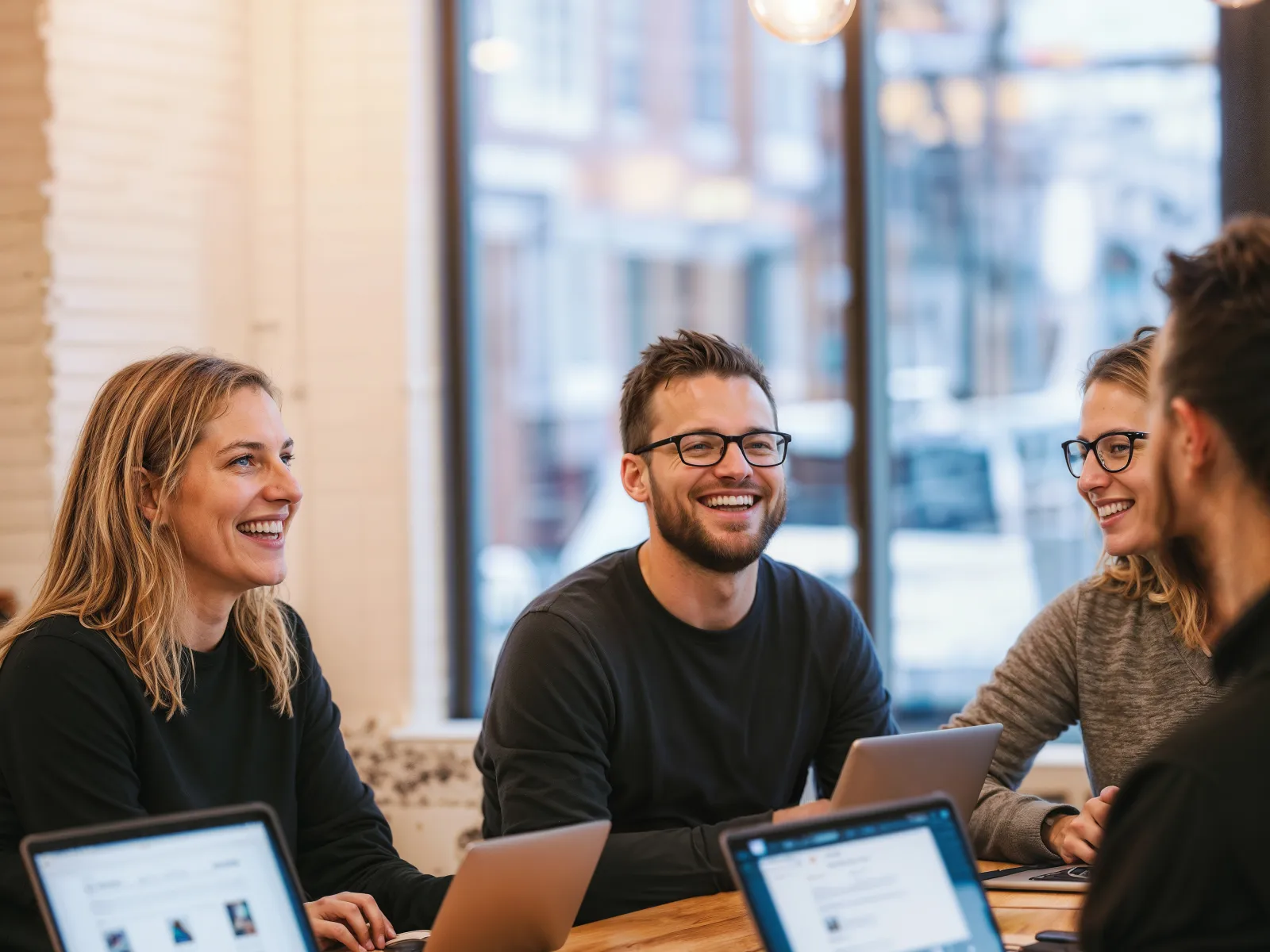 a group of people sitting at a table with laptops