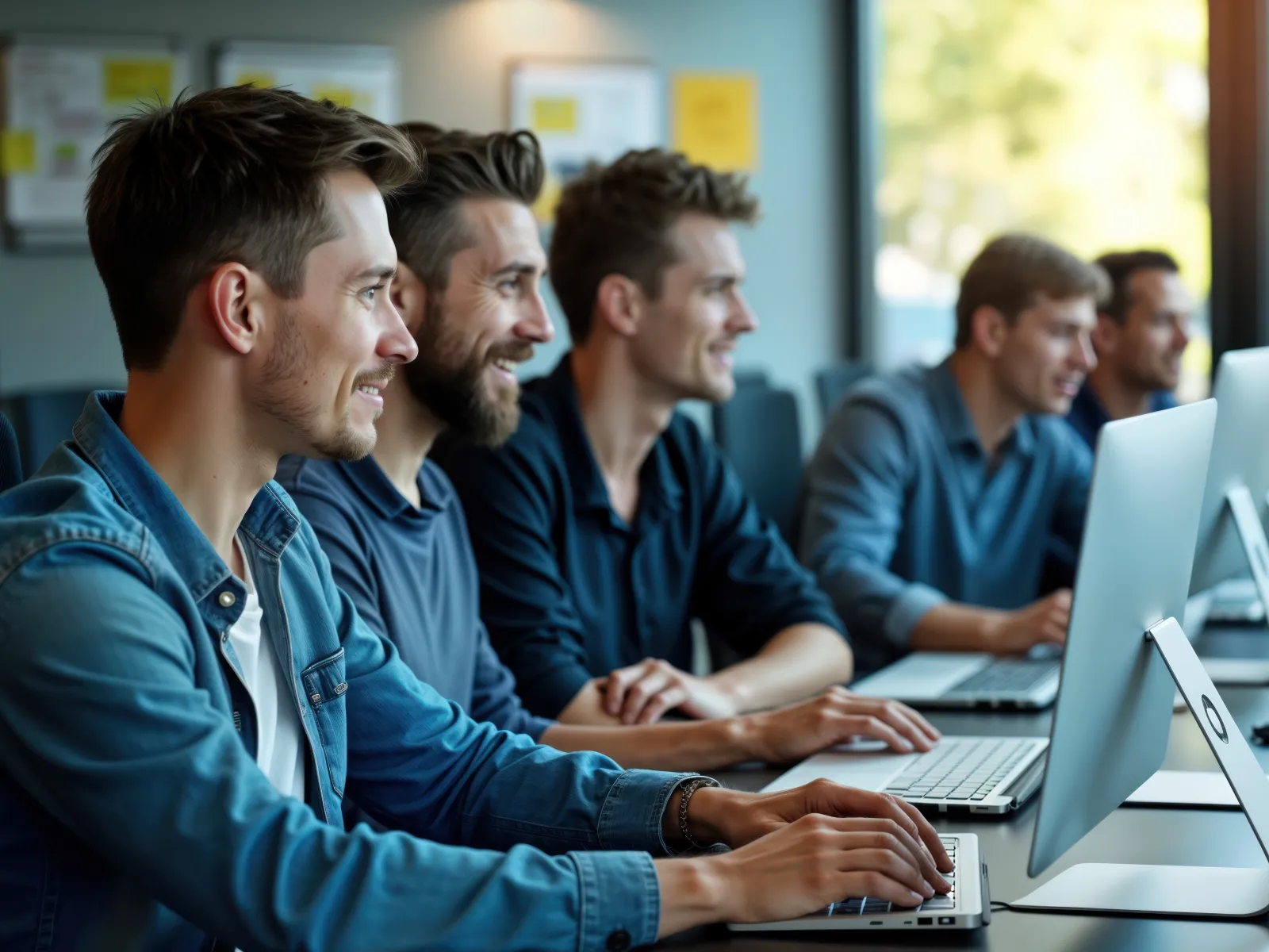 a group of men sitting at a table with laptops