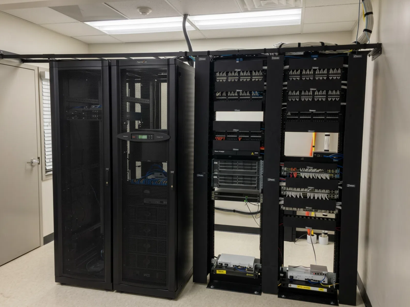 Data center server racks with network switches and cabling in a secure server room with white walls and ceiling.