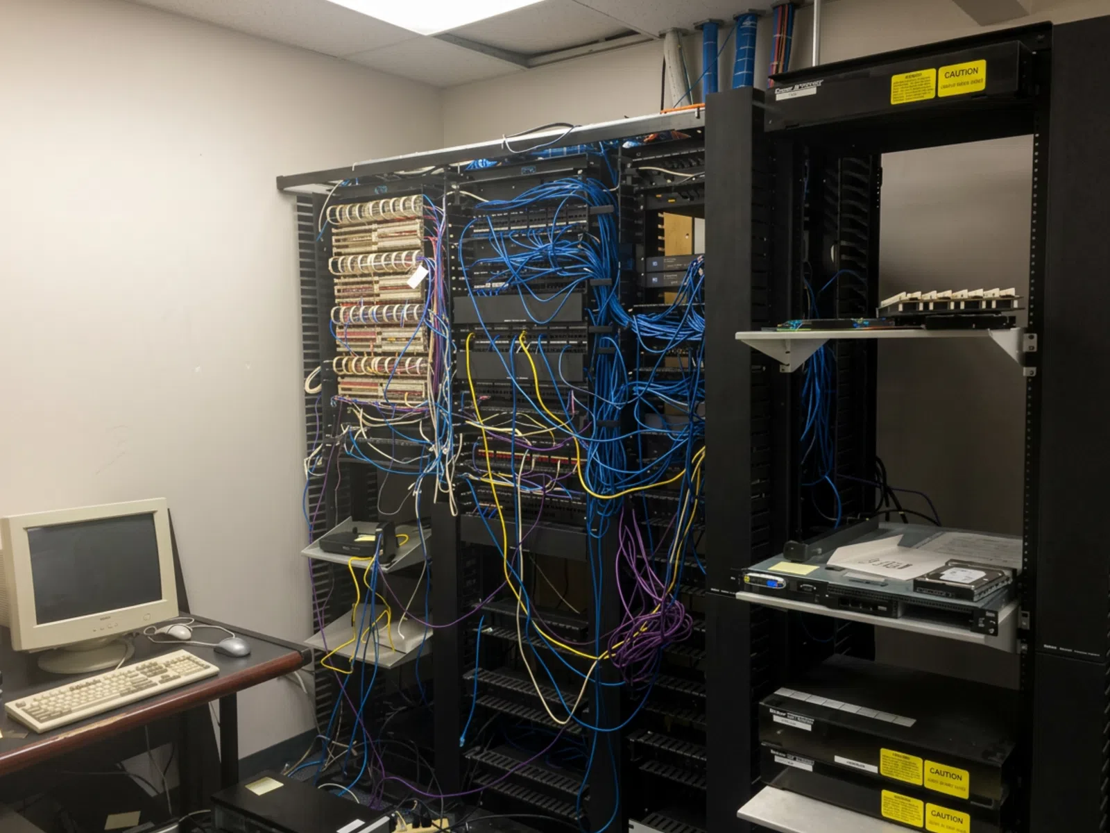 Before and after images of network server racks showing messy cables versus neatly organized equipment.