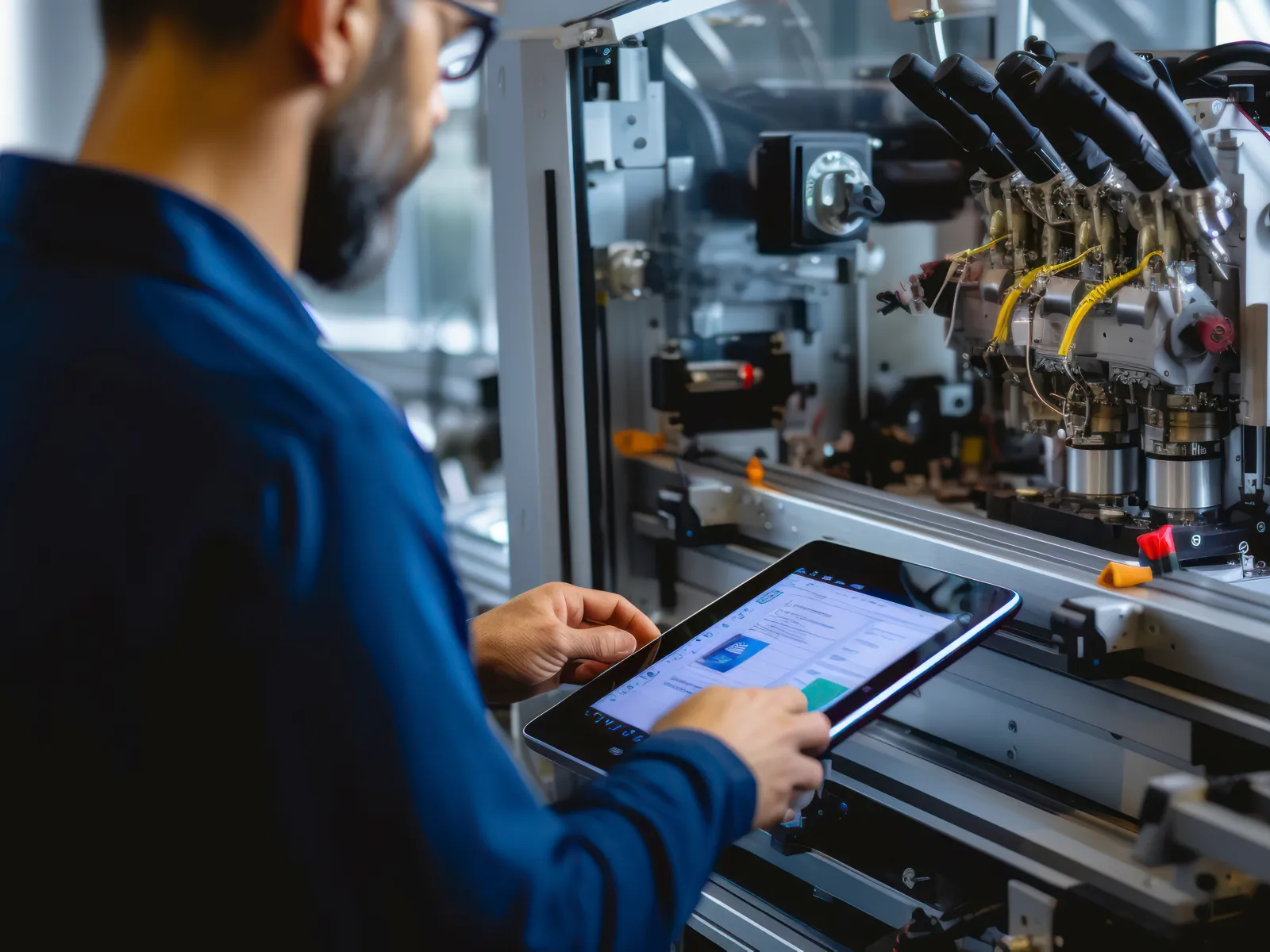 Technician operating industrial machinery using a digital tablet in a modern manufacturing facility.