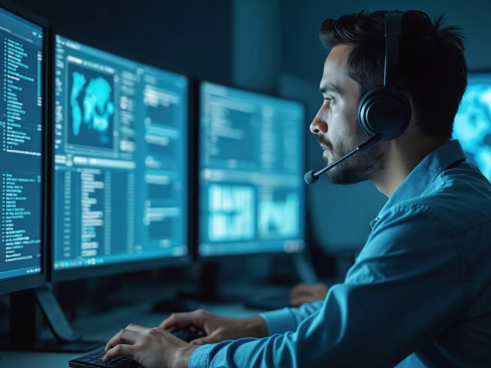Man wearing headset working on multiple computer screens with data and maps in a control room environment