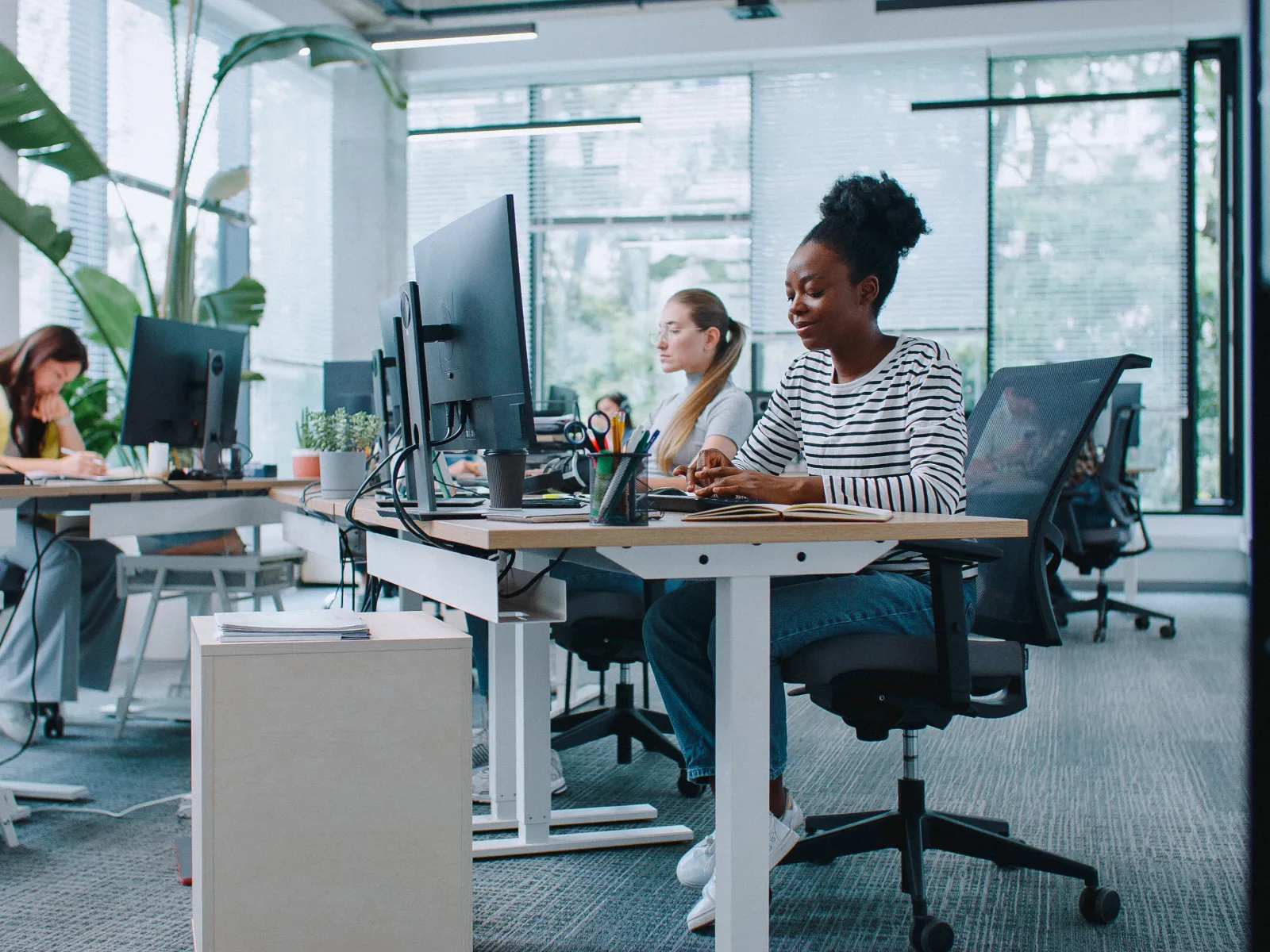 Diverse professionals working at computers in a modern office with large windows and plants.