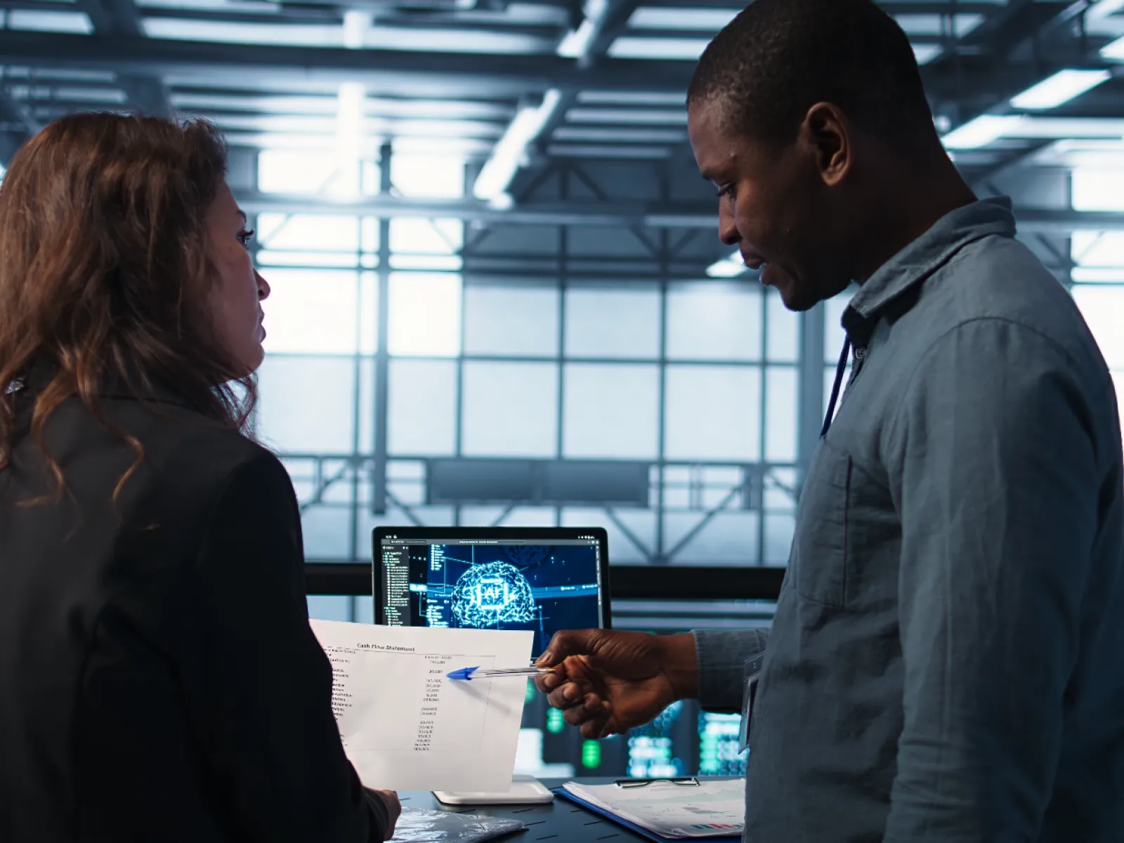 Two professionals discuss documents and data on a laptop in a modern tech office environment