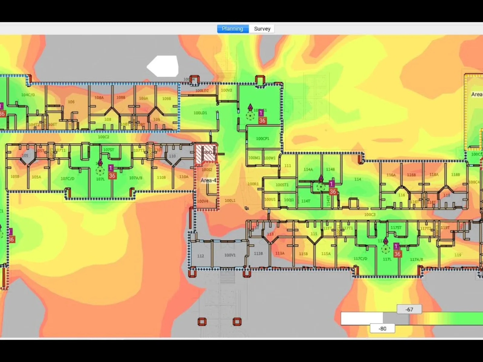 Heatmap showing wireless signal strength across office floor plan with color-coded areas from green to red.