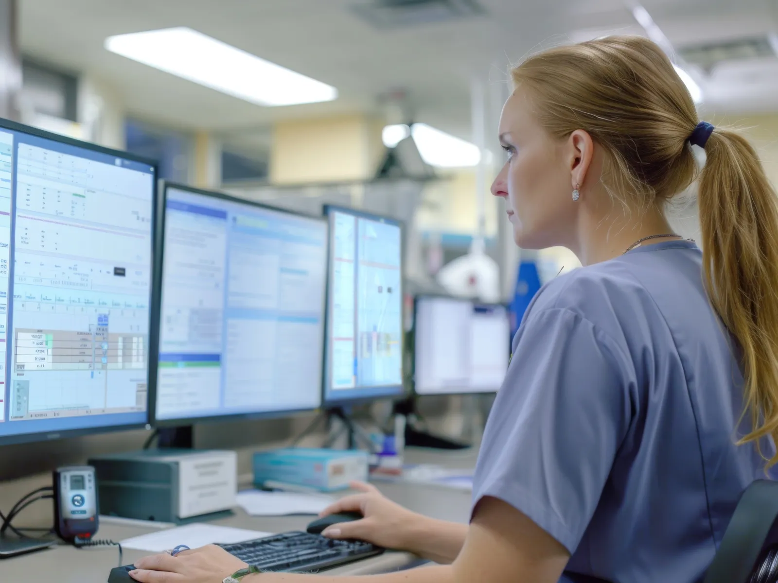 Healthcare professional in scrubs working at a computer with multiple medical data screens in a hospital setting.