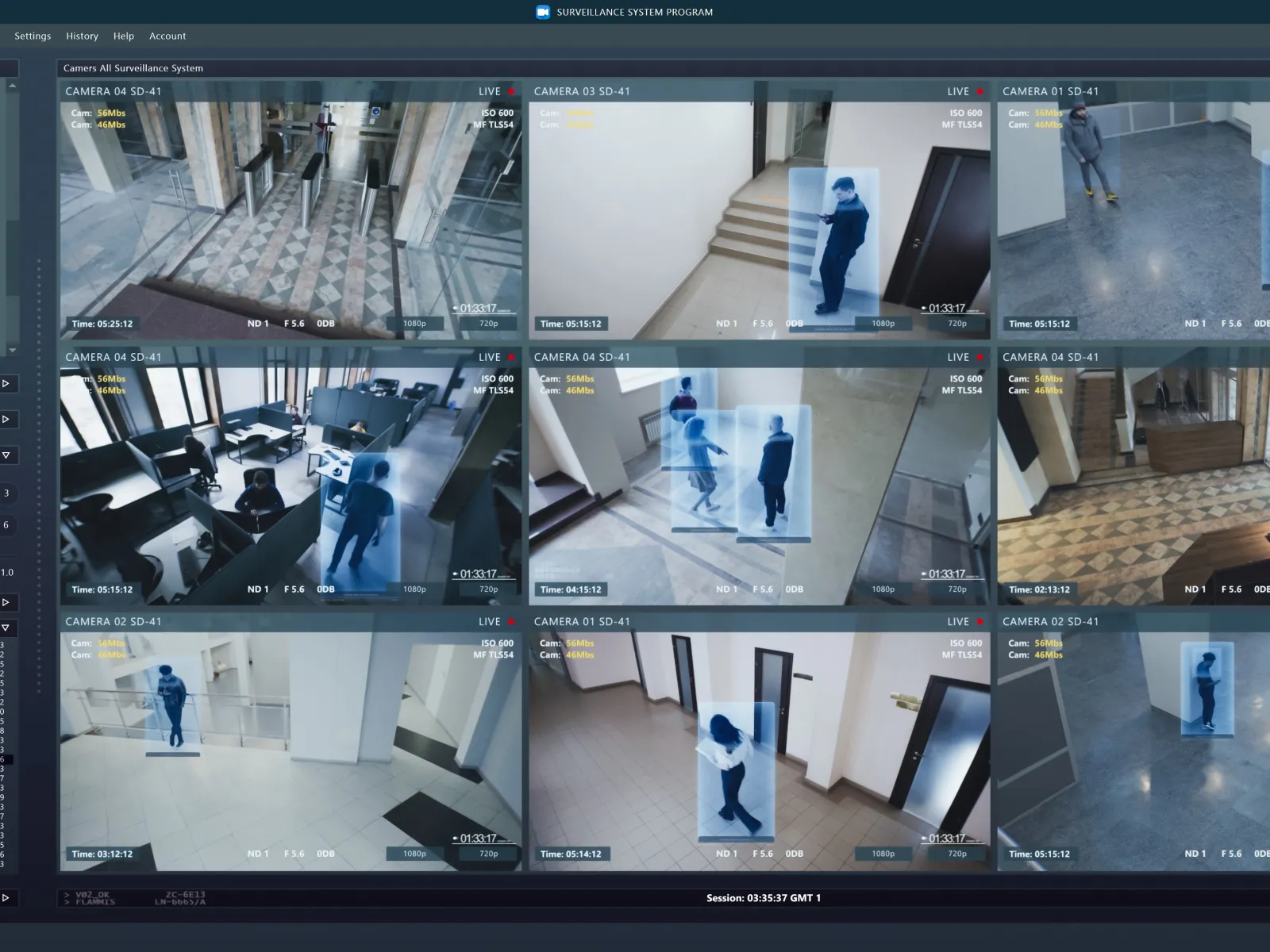 Surveillance system interface showing multiple live camera feeds with highlighted individuals in an indoor building.