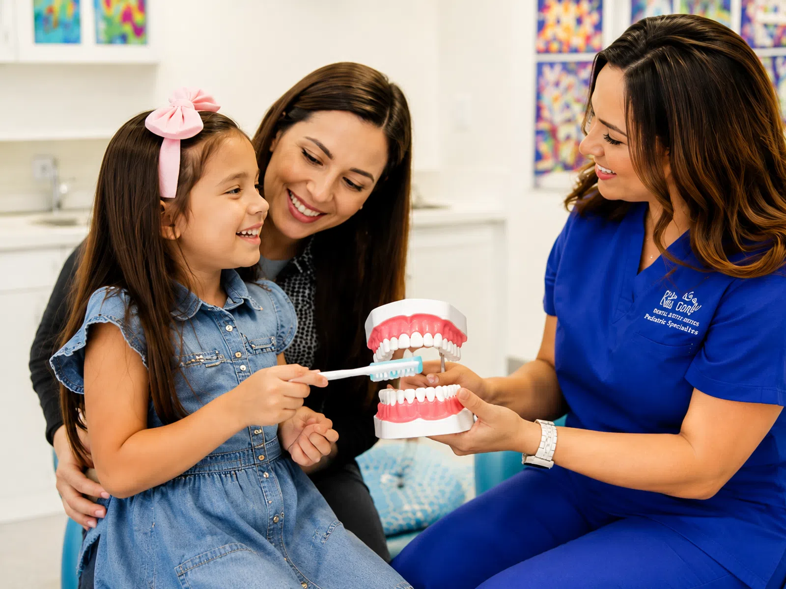 Dental hygienist teaching a young girl and her mother how to brush teeth using a model in a dental clinic.