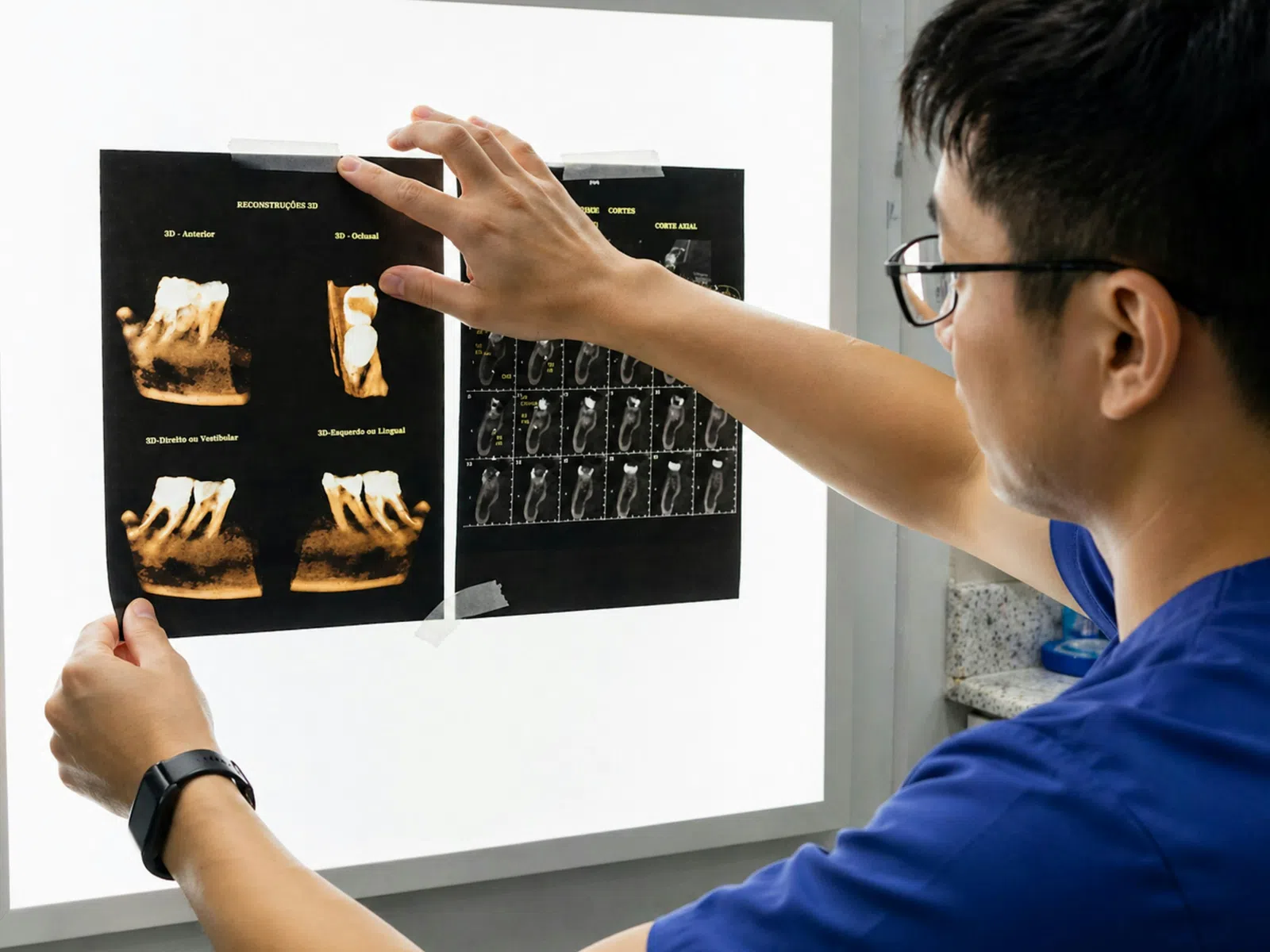 Dentist examining dental X-rays and 3D scans against a lightbox in a clinic setting.