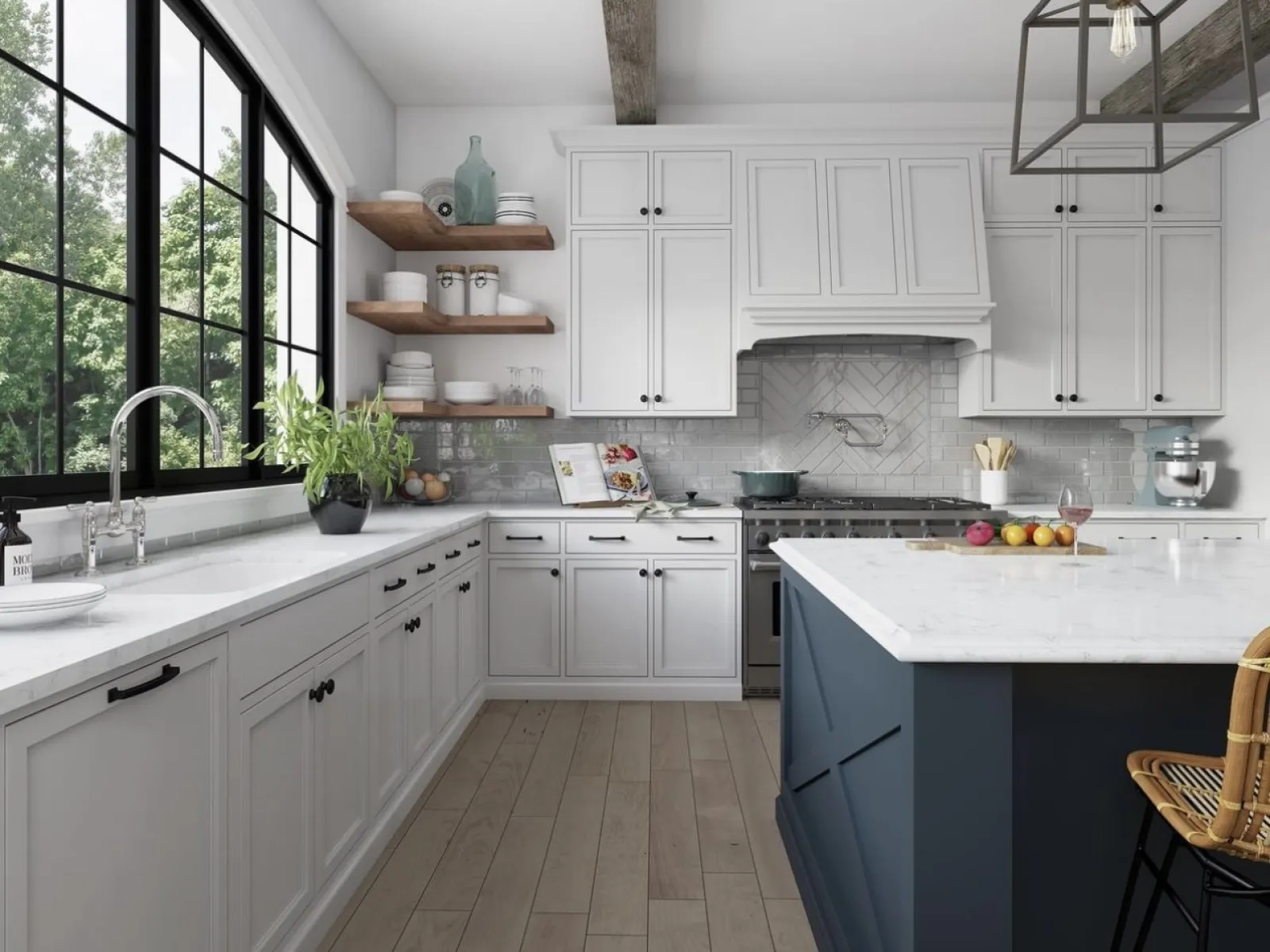 a kitchen with white cabinets