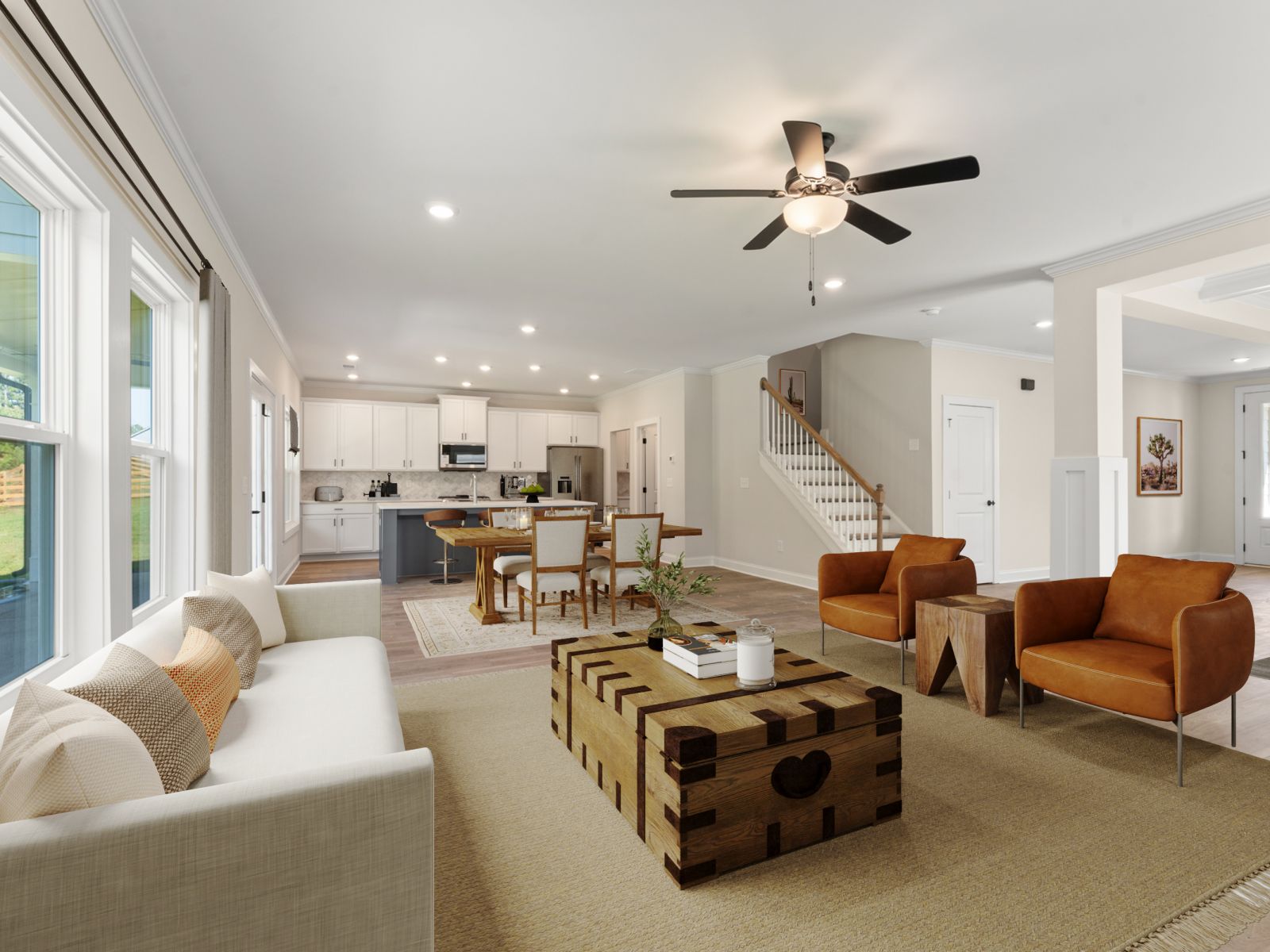 a living room with a large staircase