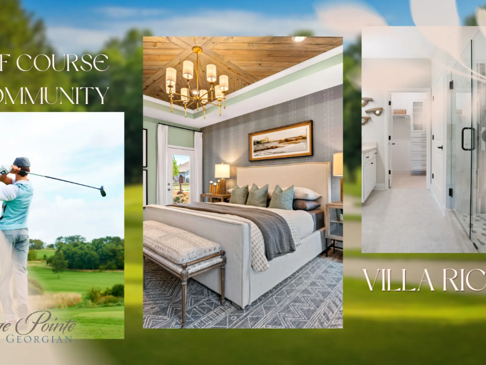 Golf course community in Villa Rica GA featuring a golfer, elegant bedroom, and modern bathroom interior.