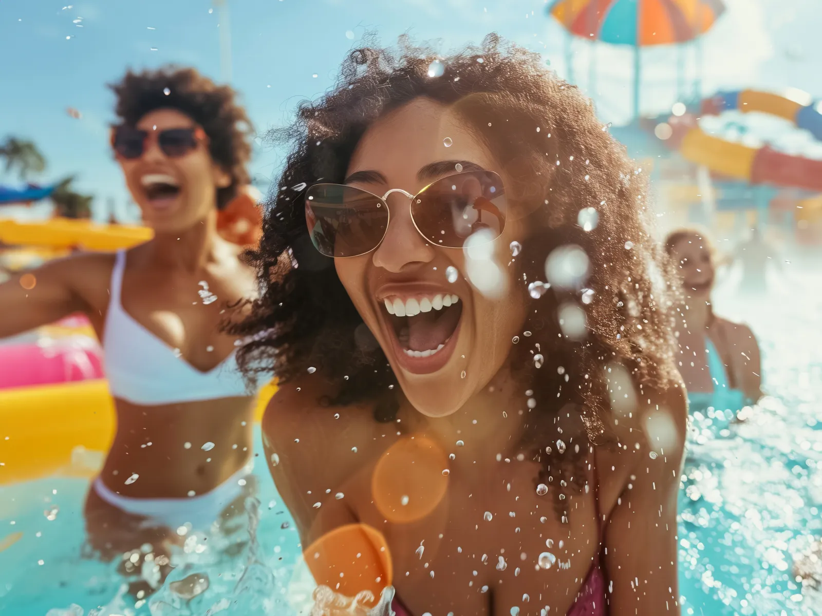 Group of friends enjoying a sunny day at a water park with slides and splashing water.