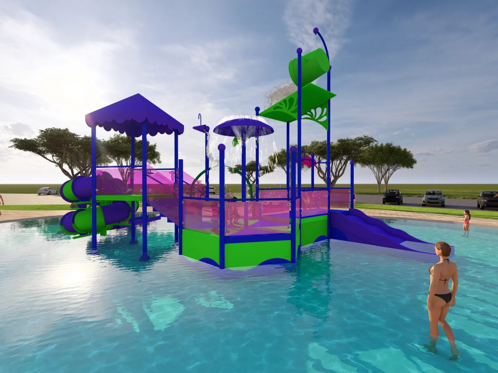 Colorful children's water playground with slides and splash features in an outdoor pool under a cloudy sky.