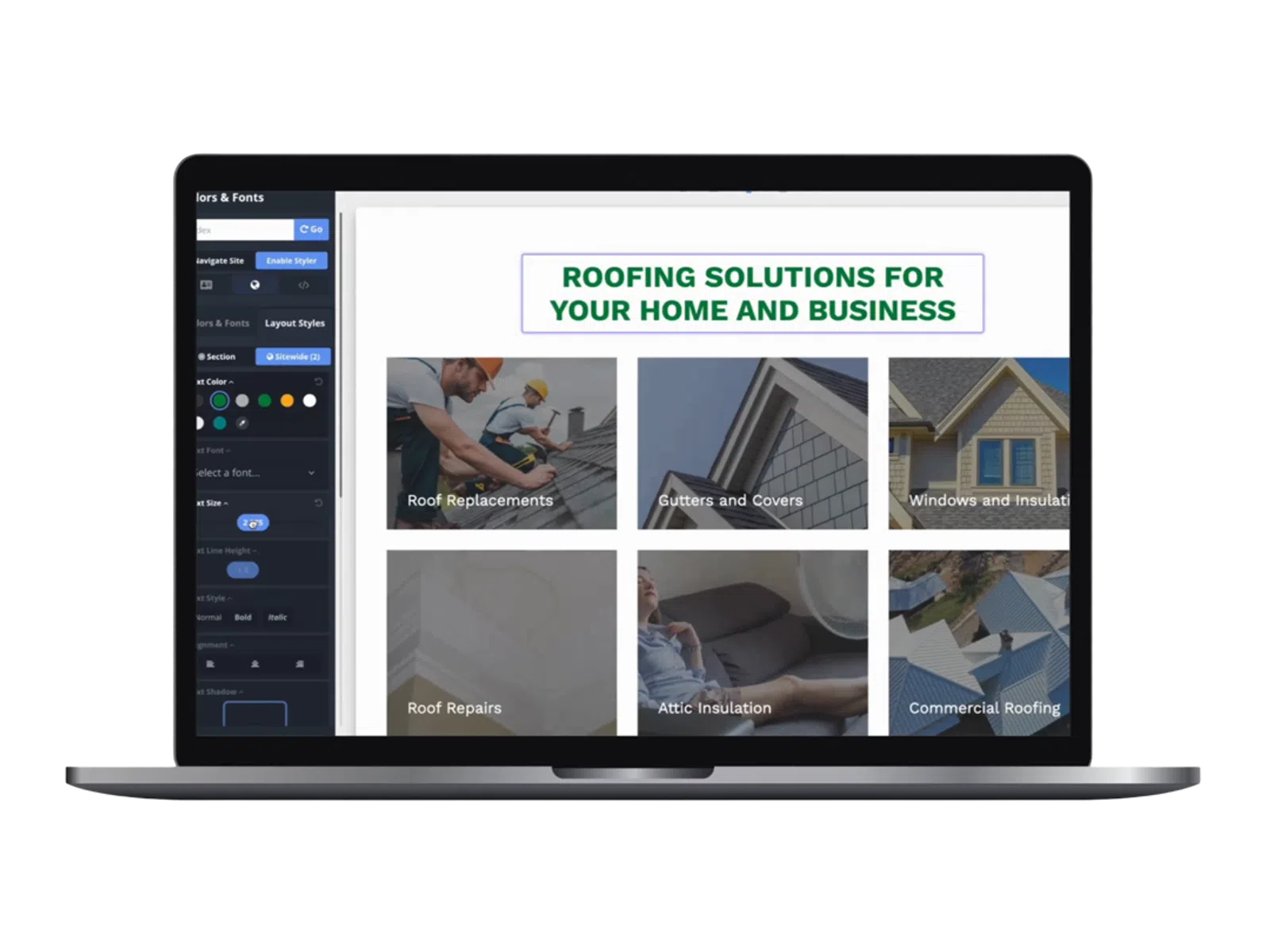 Laptop screen showing roofing solutions website with sections for roof replacements, gutters, insulation, and commercial roofing.