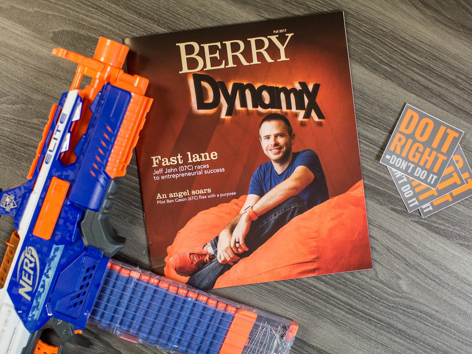 Cover of Berry magazine featuring Jeff Jahn, surrounded by a toy blaster and motivational stickers.