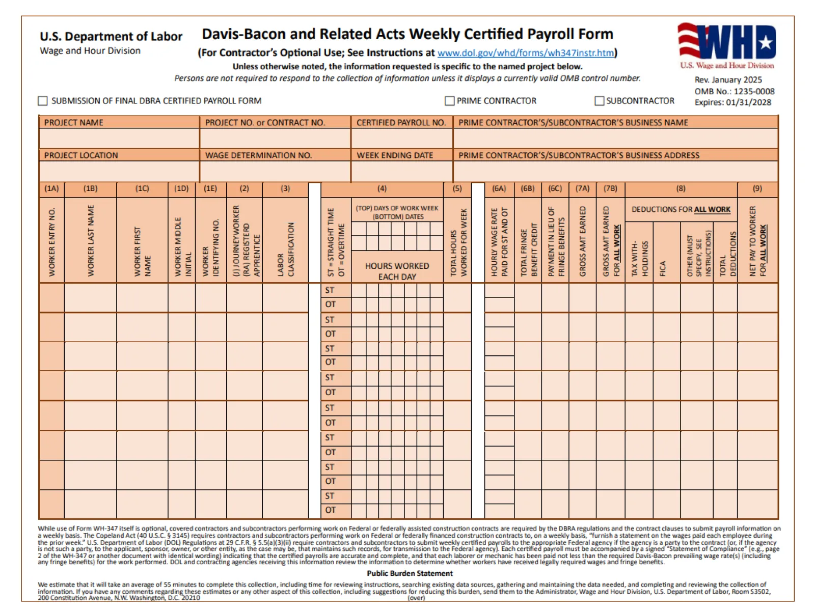 U.S. Department of Labor Davis-Bacon Weekly Certified Payroll Form WH-347 blank template with wage and work details.
