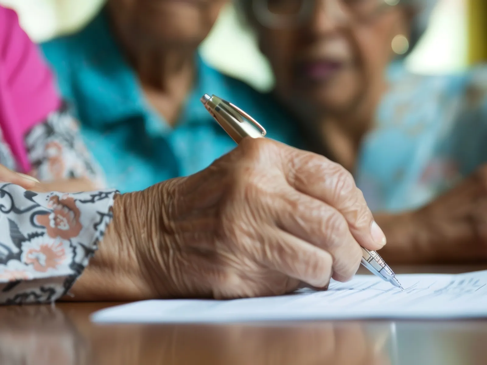Elderly person signing an advanced directive document with the assistance of Empath Health
