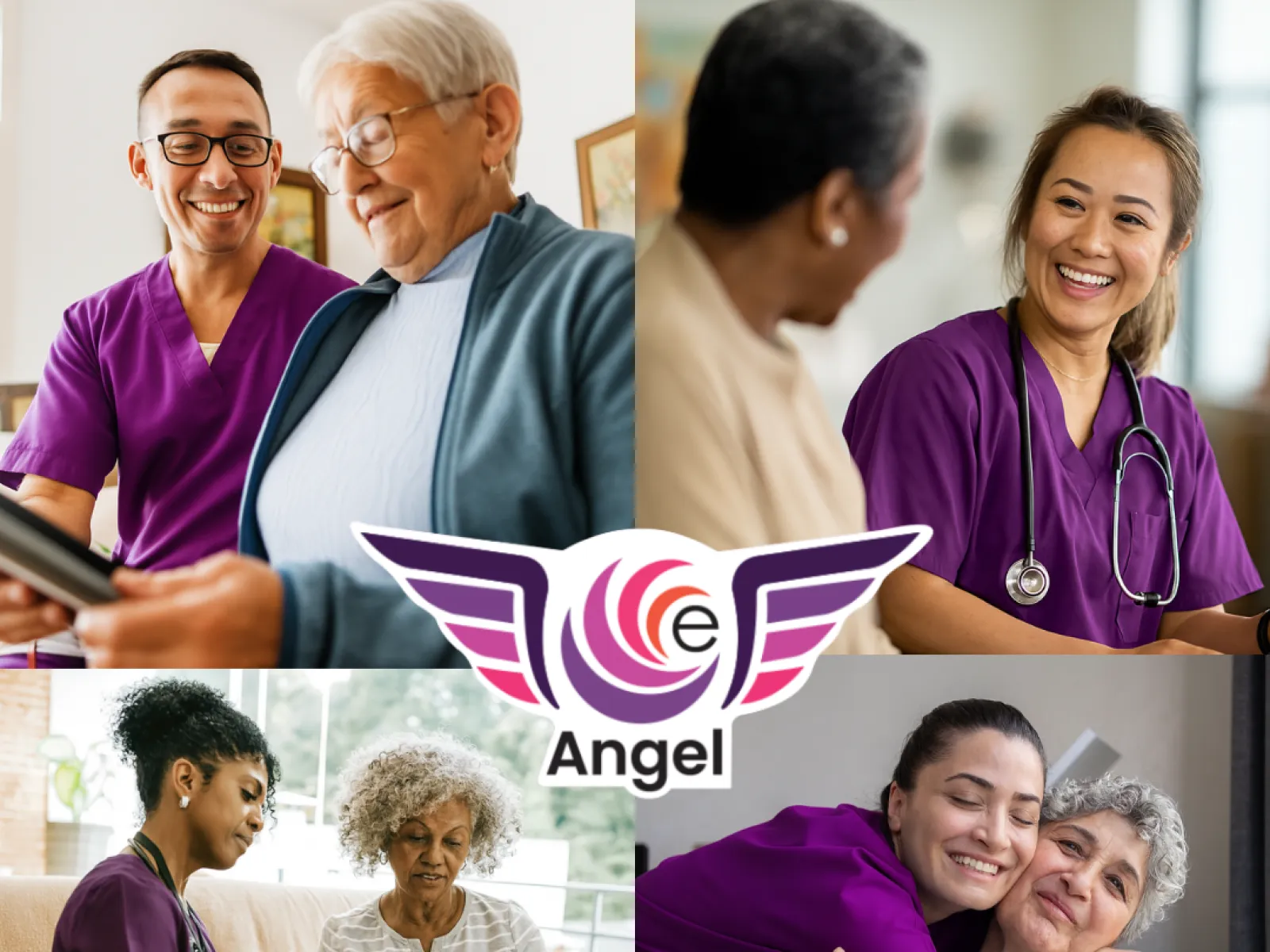 Healthcare workers in purple scrubs assisting and smiling with elderly patients in various care settings.