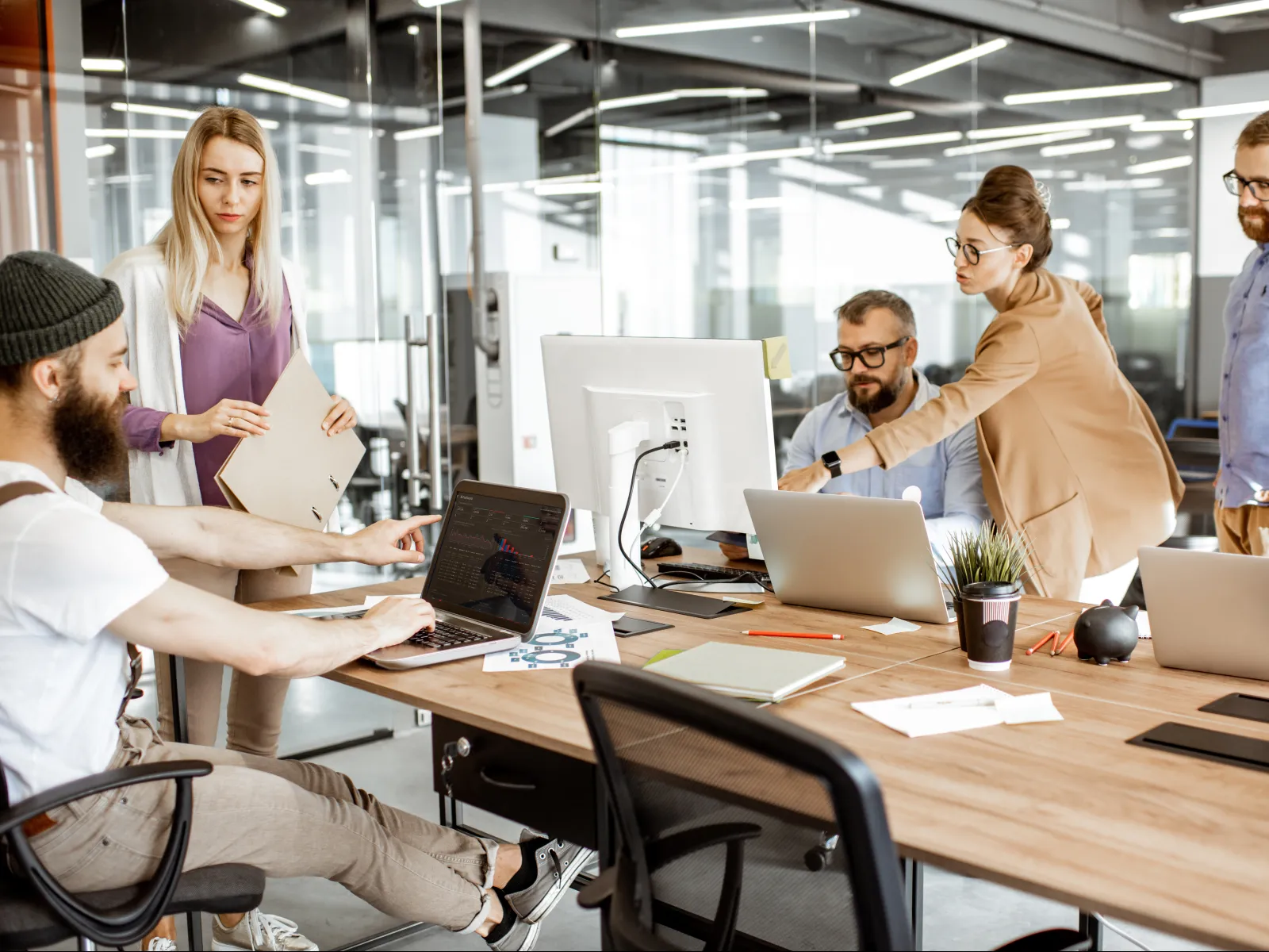 a group of people in an office