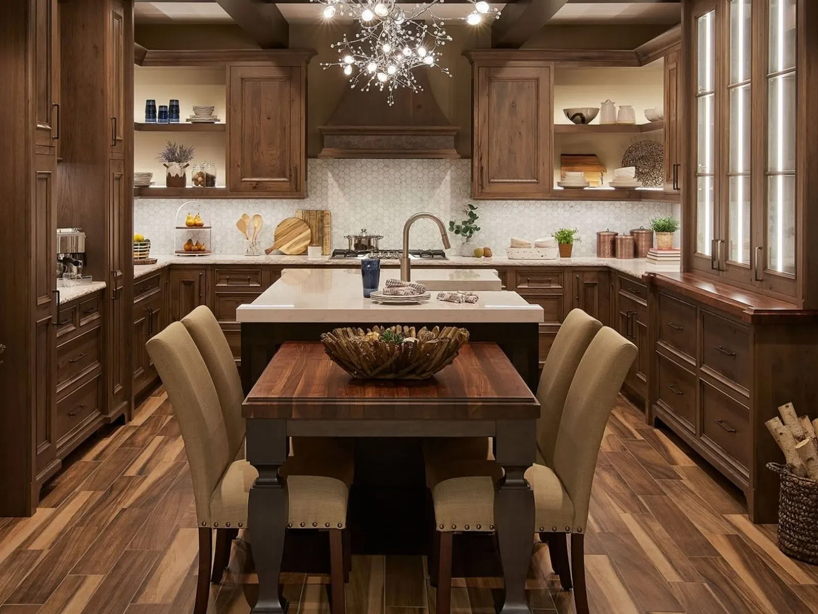 Modern kitchen with dark wood cabinets, island, wooden dining table, beige chairs, and decorative chandelier lighting
