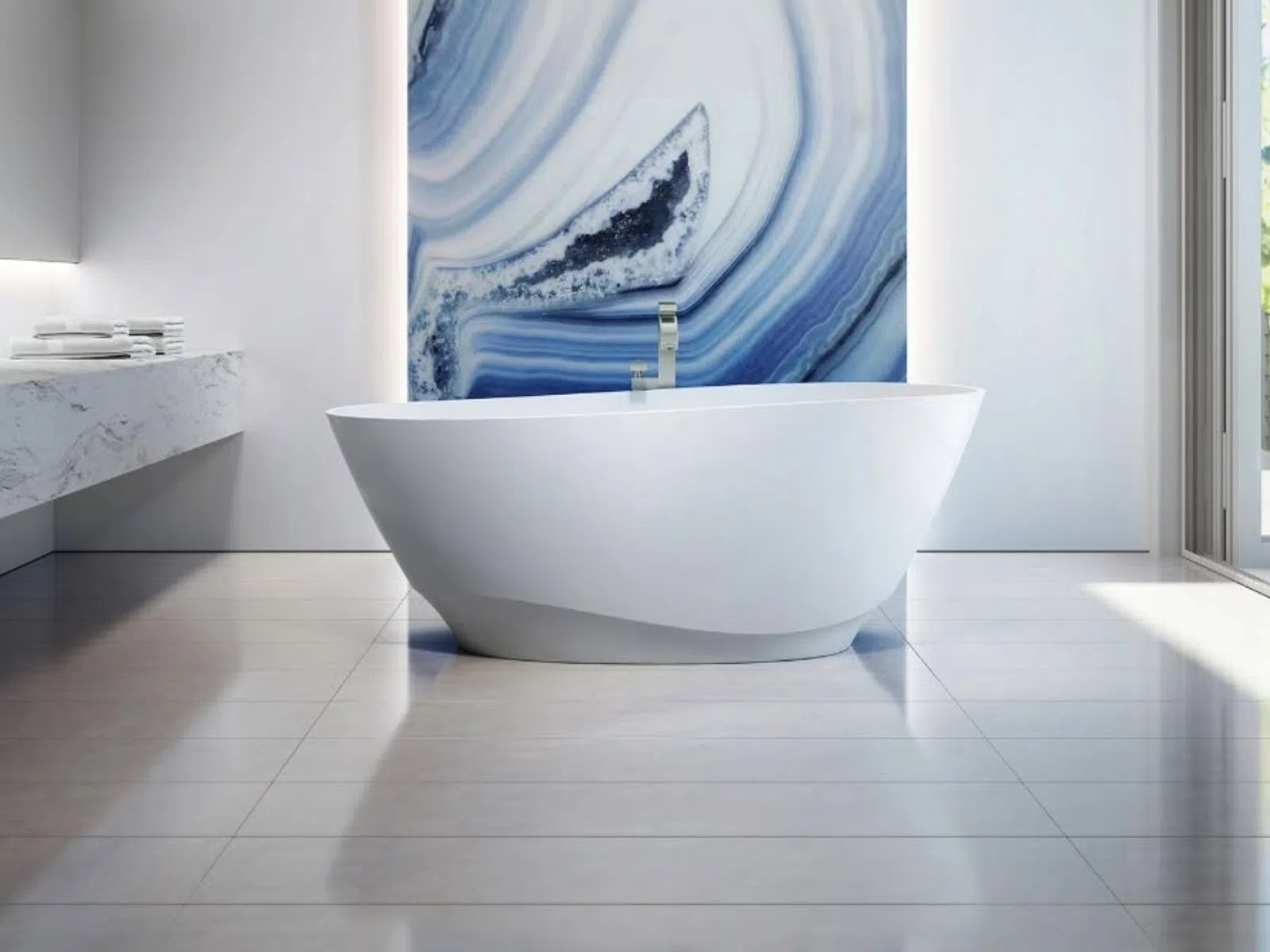 Modern bathroom with freestanding white bathtub, marble countertop, and large blue agate wall art