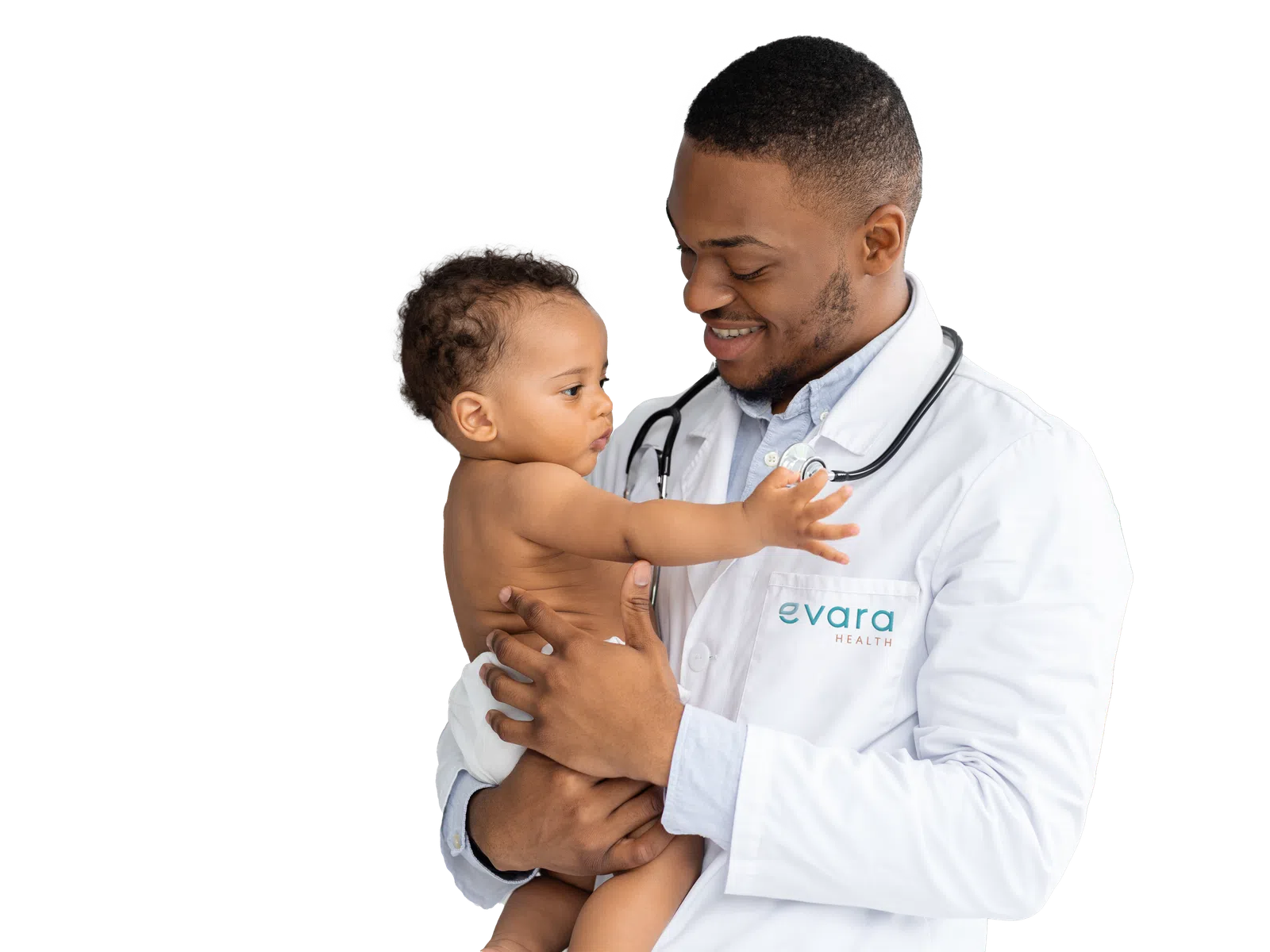 Smiling male doctor holding and examining a baby with a stethoscope in a white medical coat