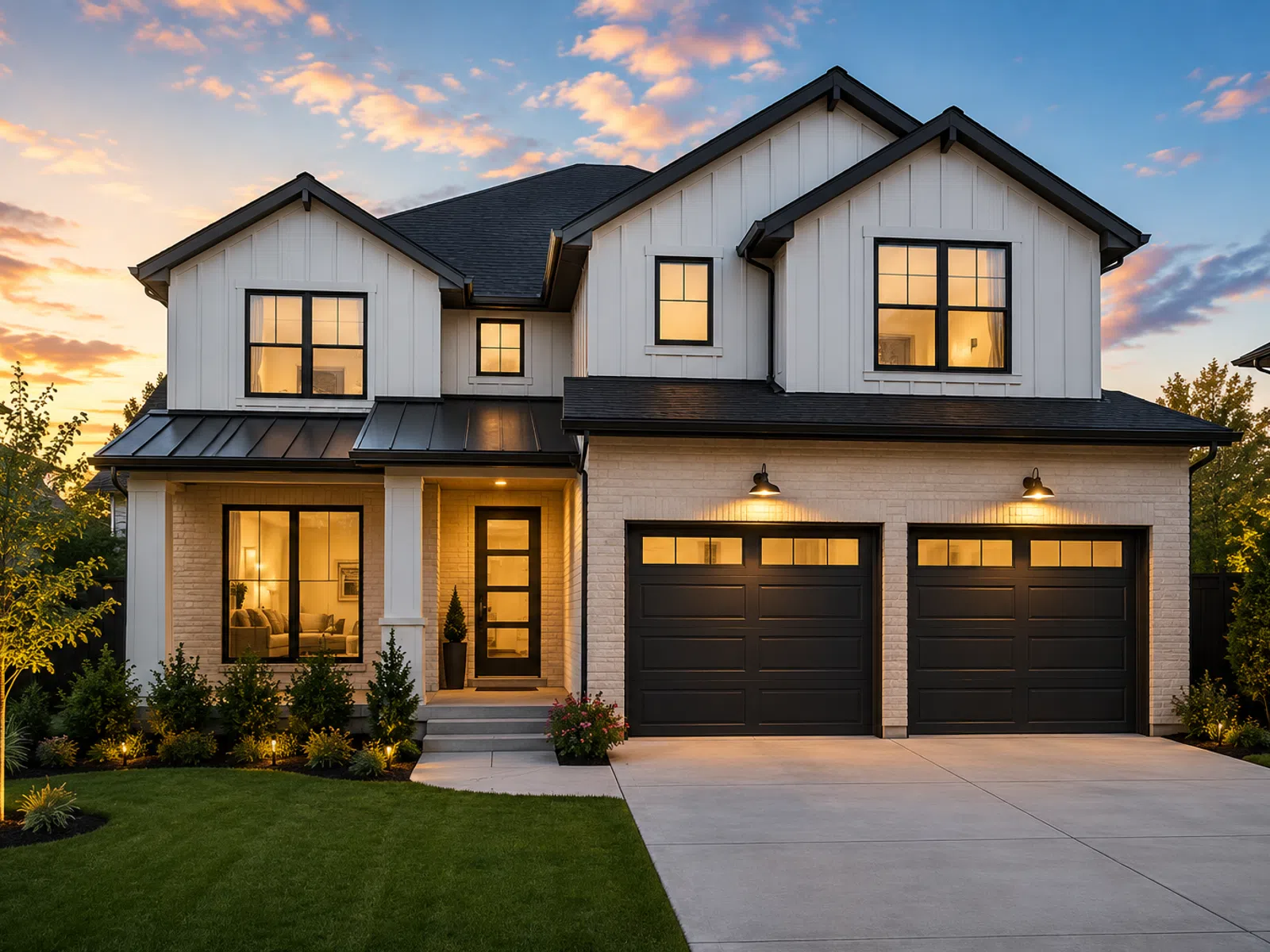 Modern two-story house with black garage doors and lit windows at sunset, surrounded by green lawn and plants