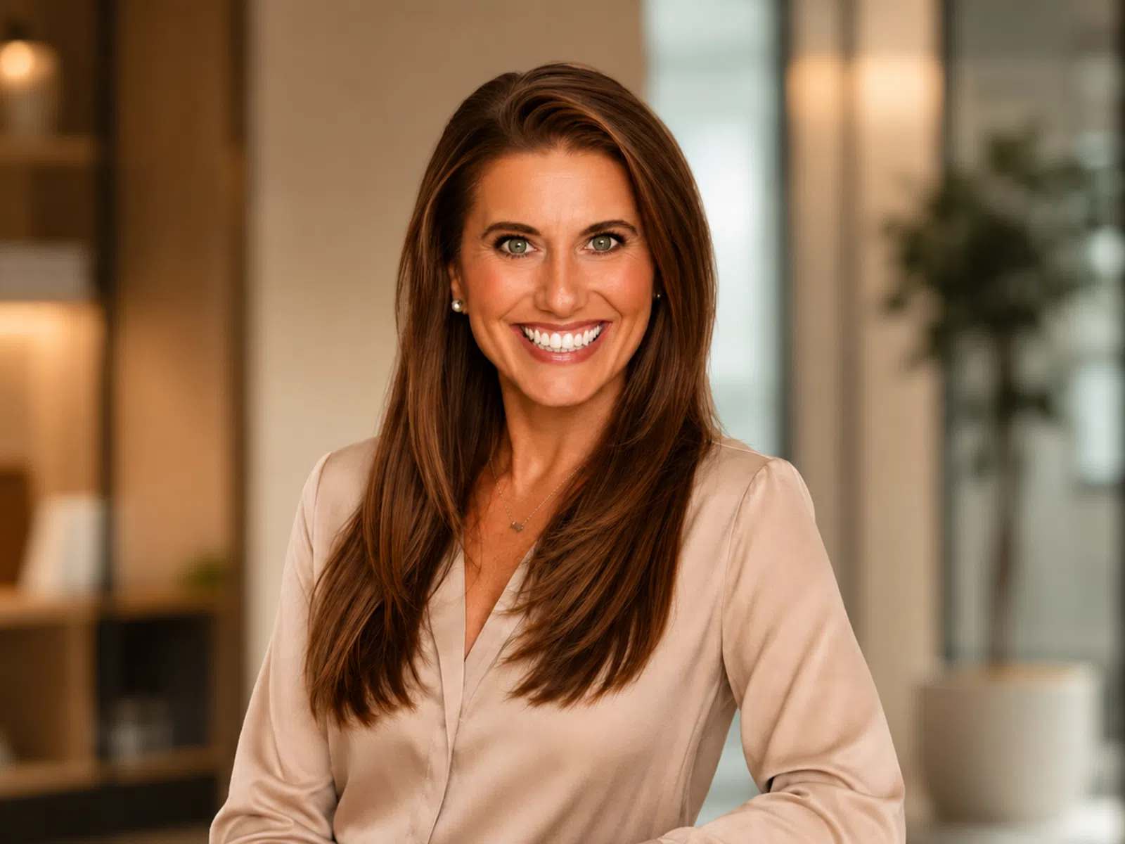 Smiling professional woman with long brown hair wearing beige blouse in a modern office setting.