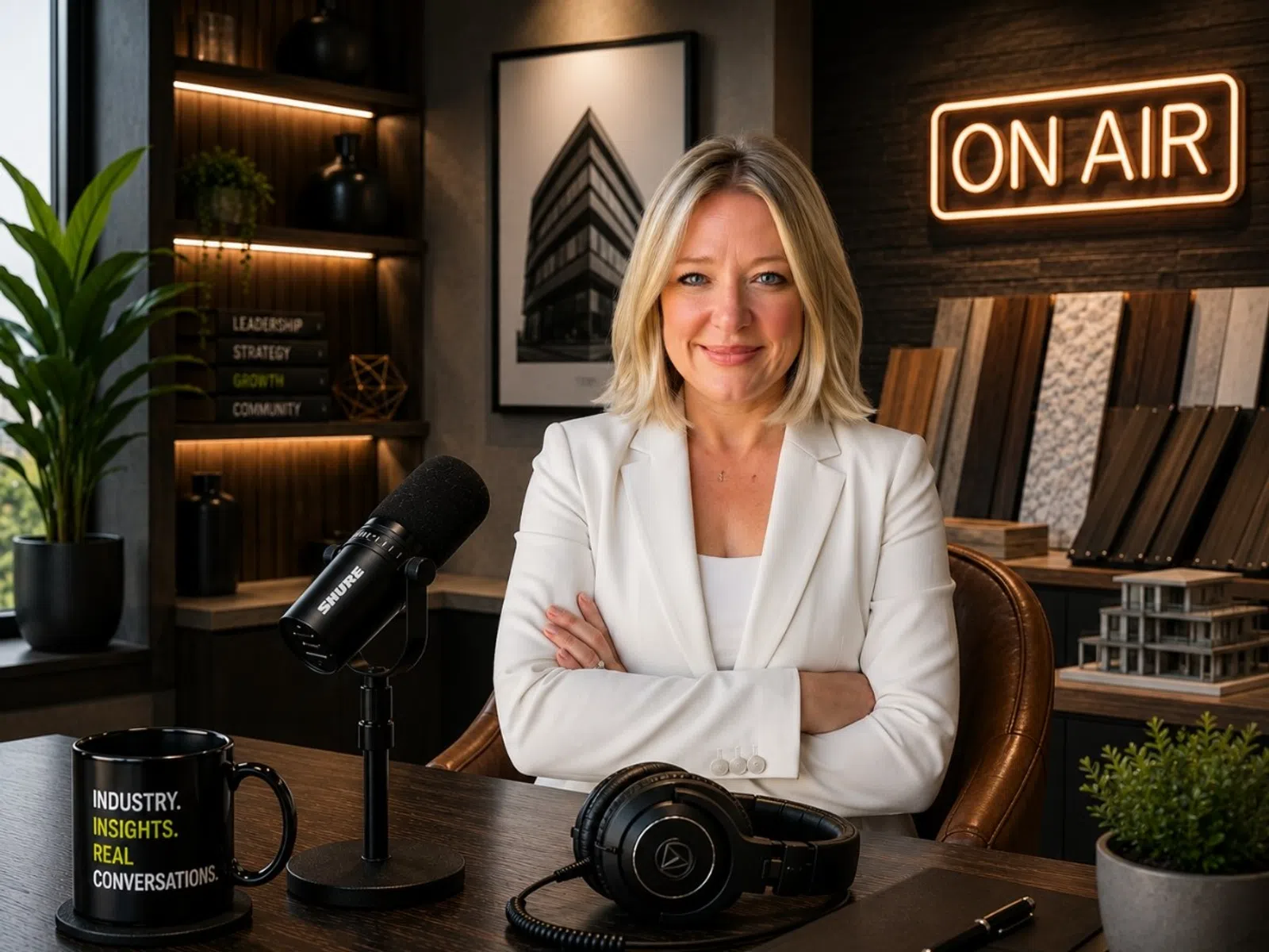Professional woman hosting a podcast in a modern studio with microphone, headphones, and 'ON AIR' sign behind her.