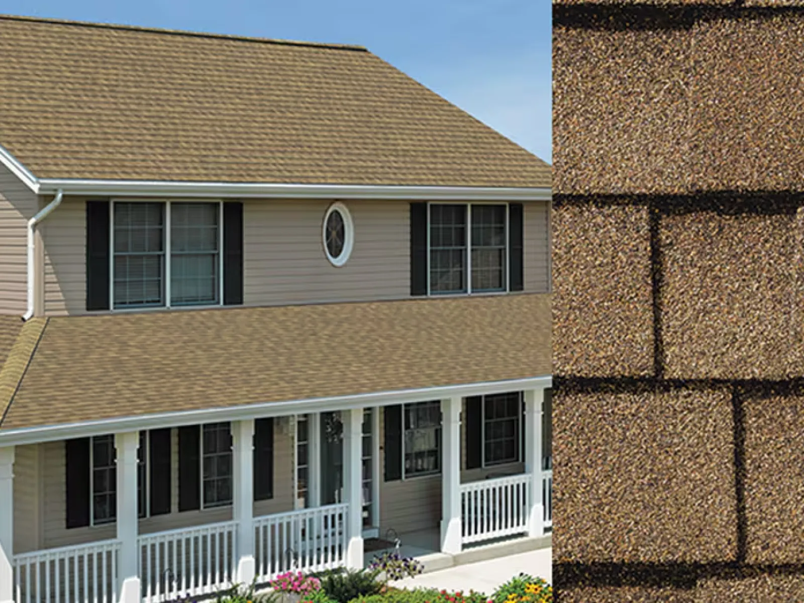 Two-story house with beige siding and brown asphalt shingle roof and close-up of roof shingles texture.