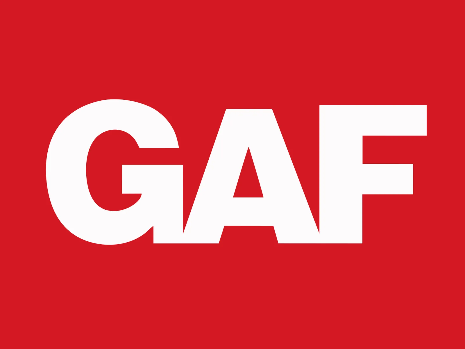 GAF company logo with bold white letters on a solid red background