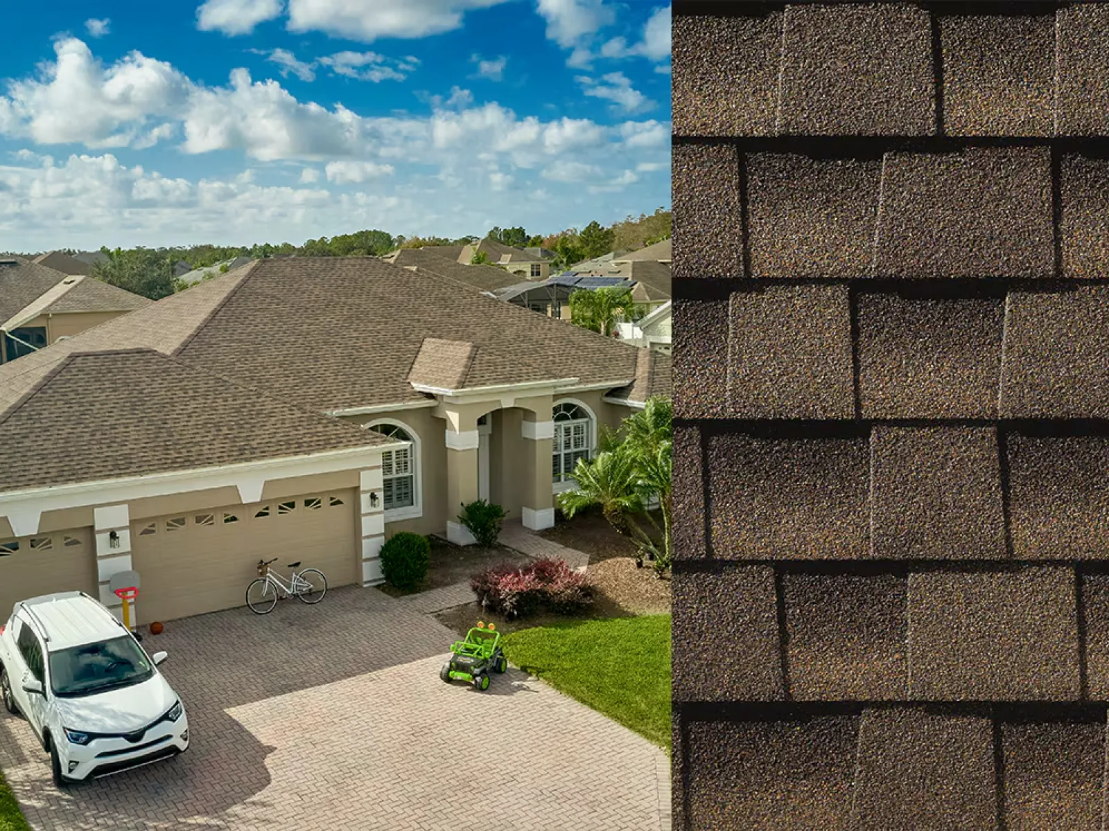 Suburban house with brown shingle roof, driveway with car and bike, and close-up of shingle texture.
