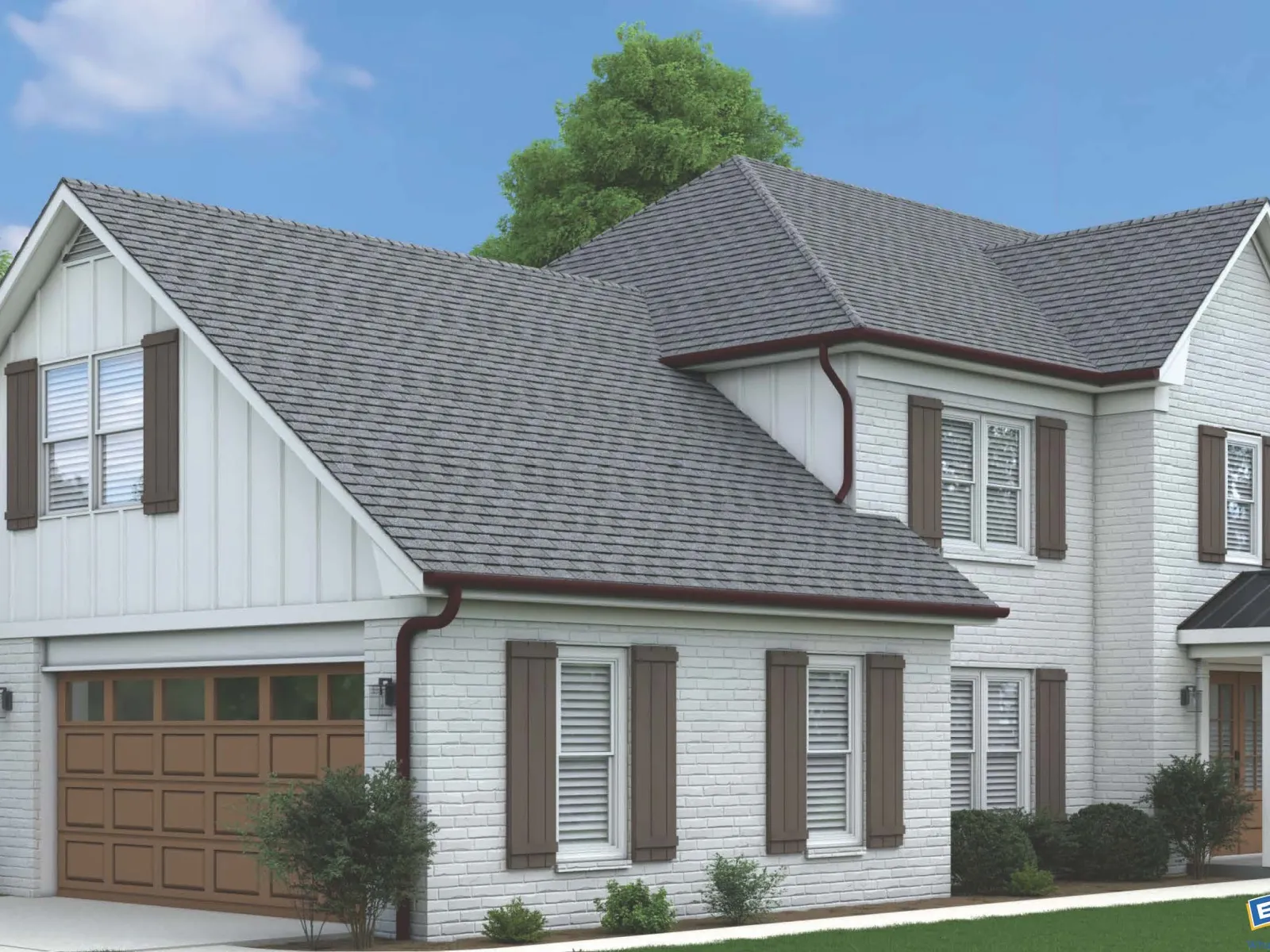 Modern two-story white brick house with brown shutters, a two-car garage, and a landscaped yard under a blue sky
