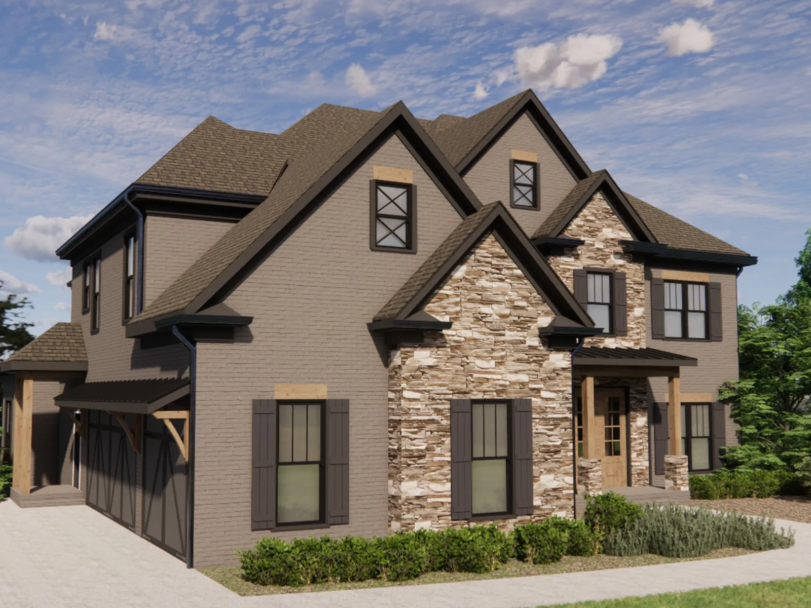 Modern two-story house with stone and brick exterior, multiple gables, and landscaped front yard under blue sky.