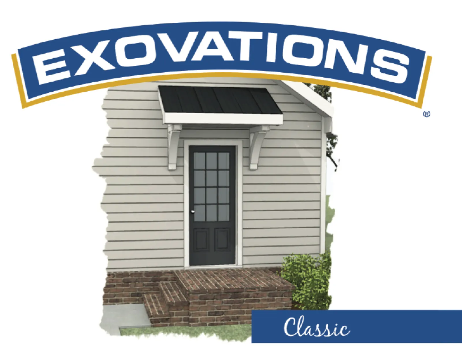 Classic Exovations small gray house exterior with black door, brick steps, and black awning.