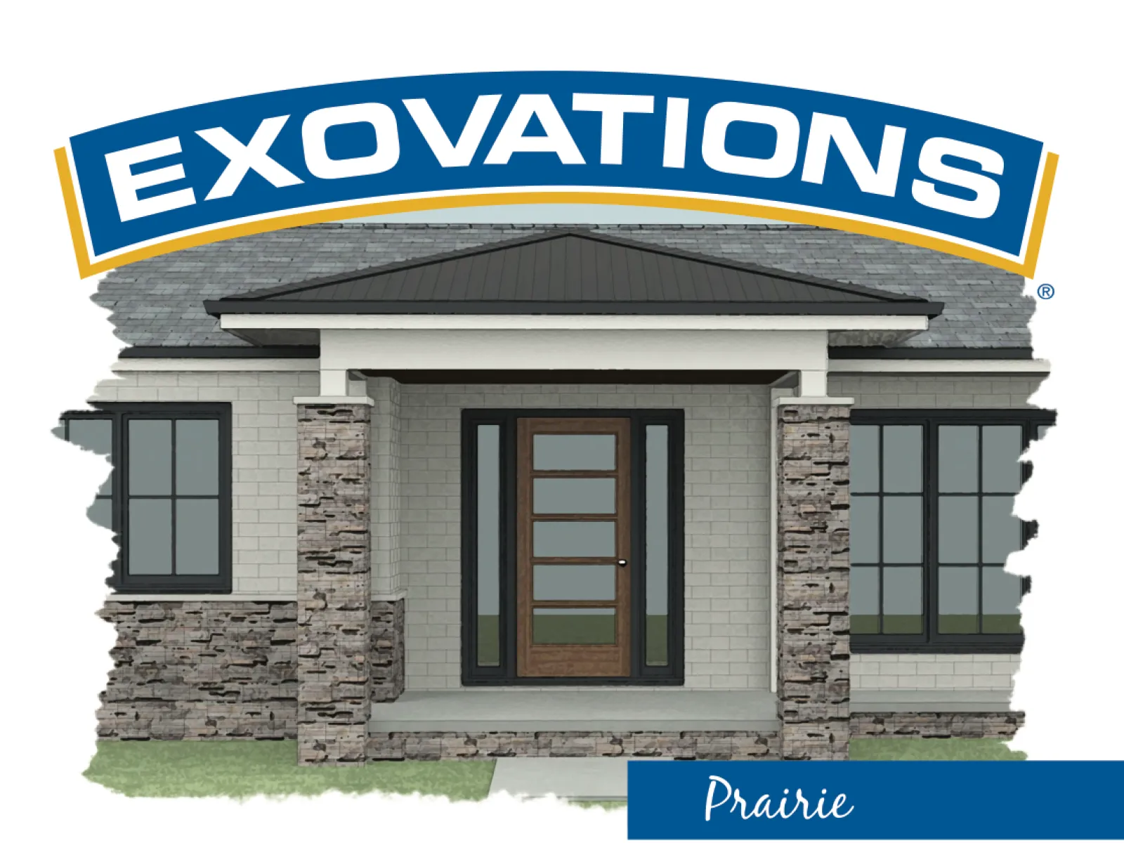 Prairie style home portico with hip roof, stone columns, cedar ceiling, and optional wooden door with sidelites.