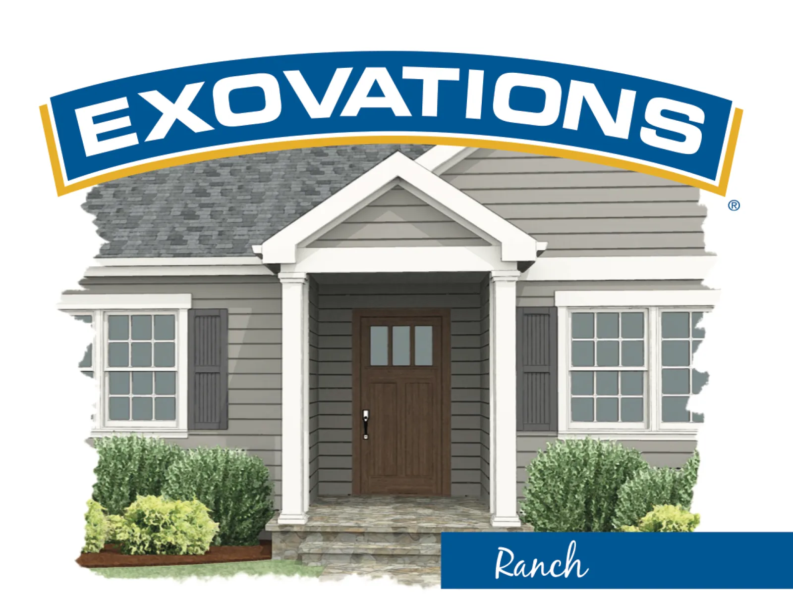 Exovations Ranch style portico with gable roof, flat beaded ceiling, Hardie lap siding, and square PVC columns.