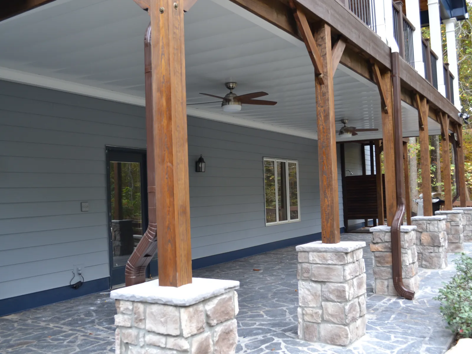 a house with a stone patio
