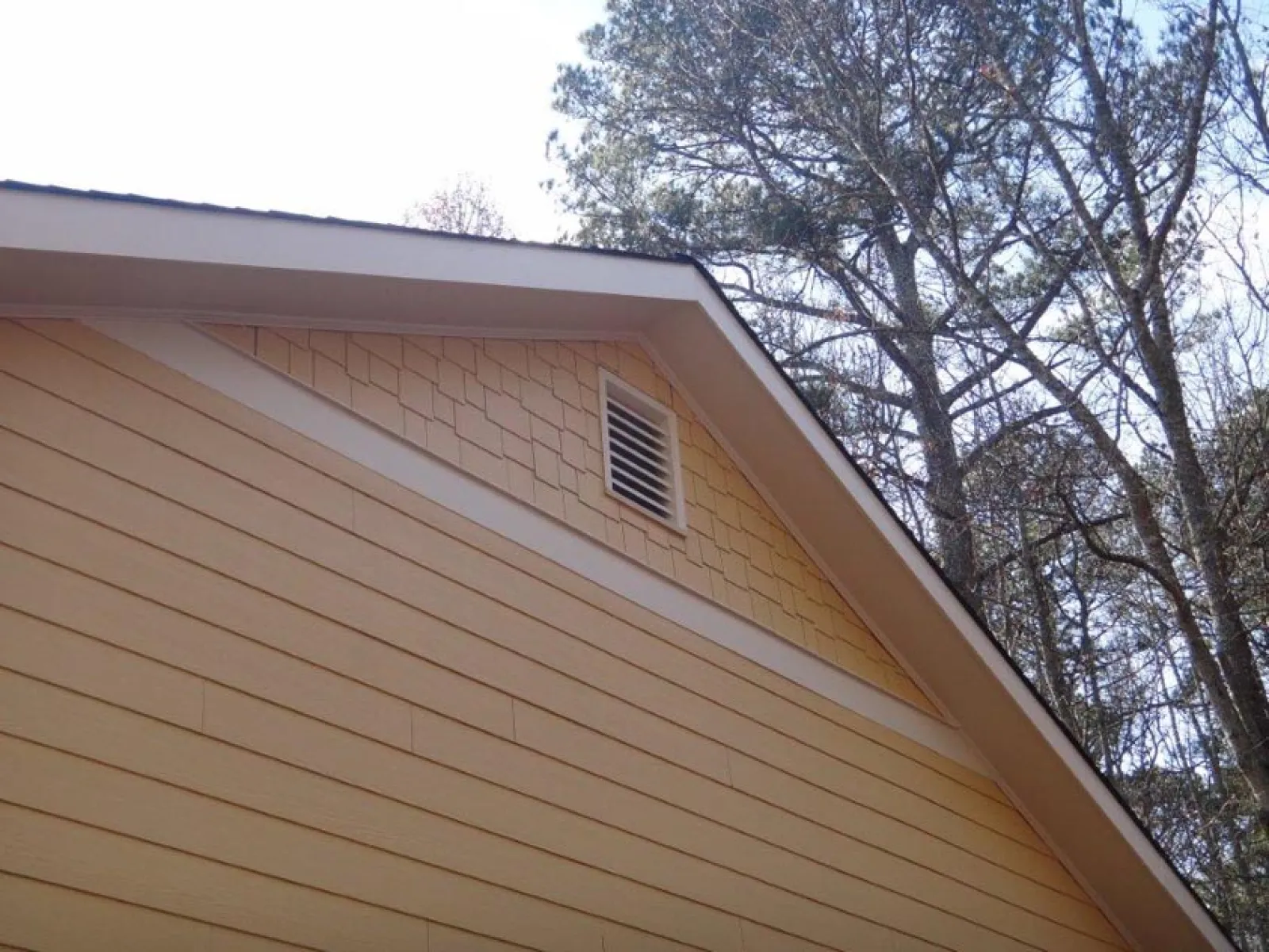 Close-up of a house eave showcasing textured siding and vent under a clear blue sky and surrounding trees.