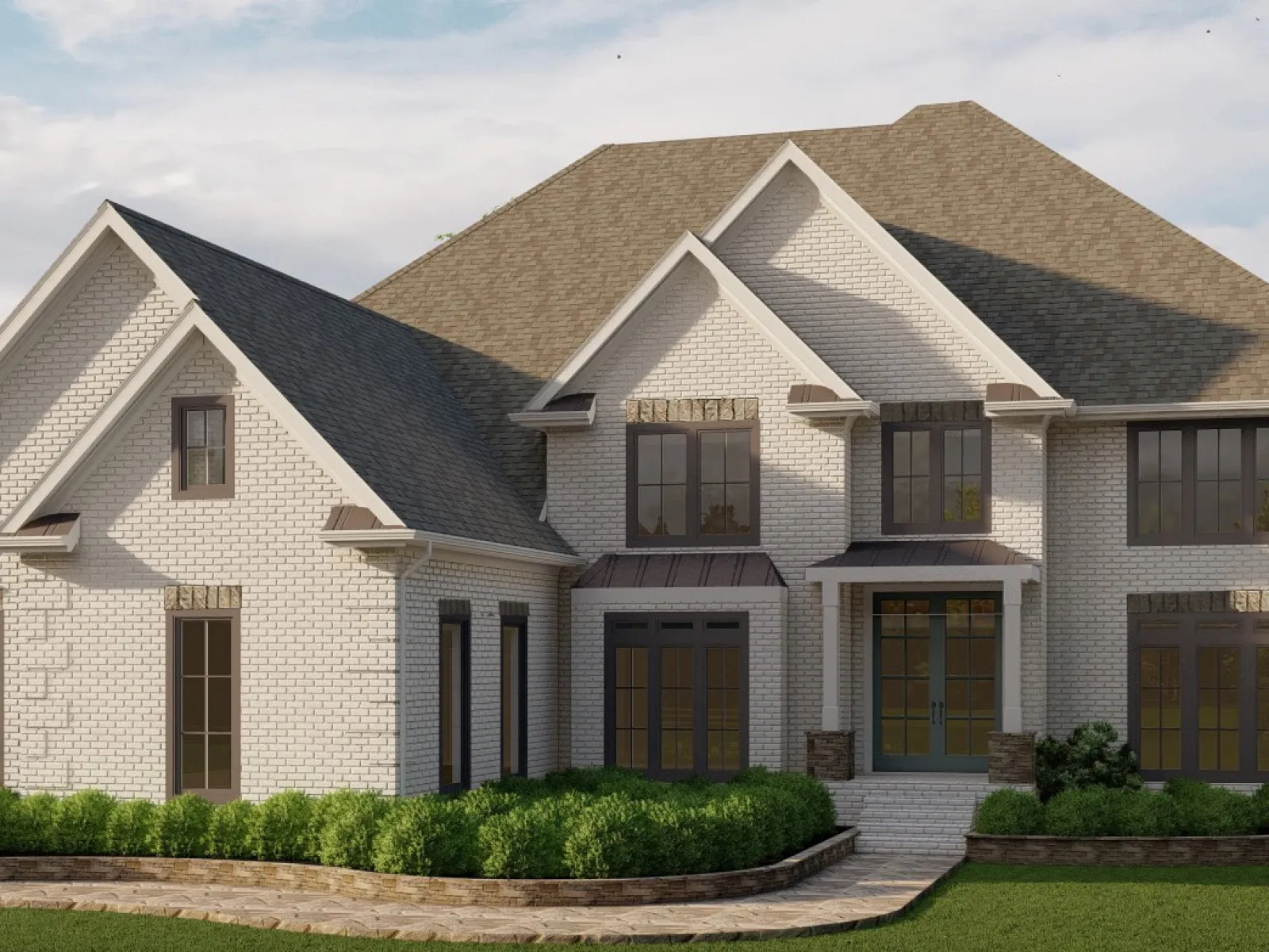 Two-story modern brick house with multiple windows, gabled roof, and landscaped front yard with shrubs and pathway.