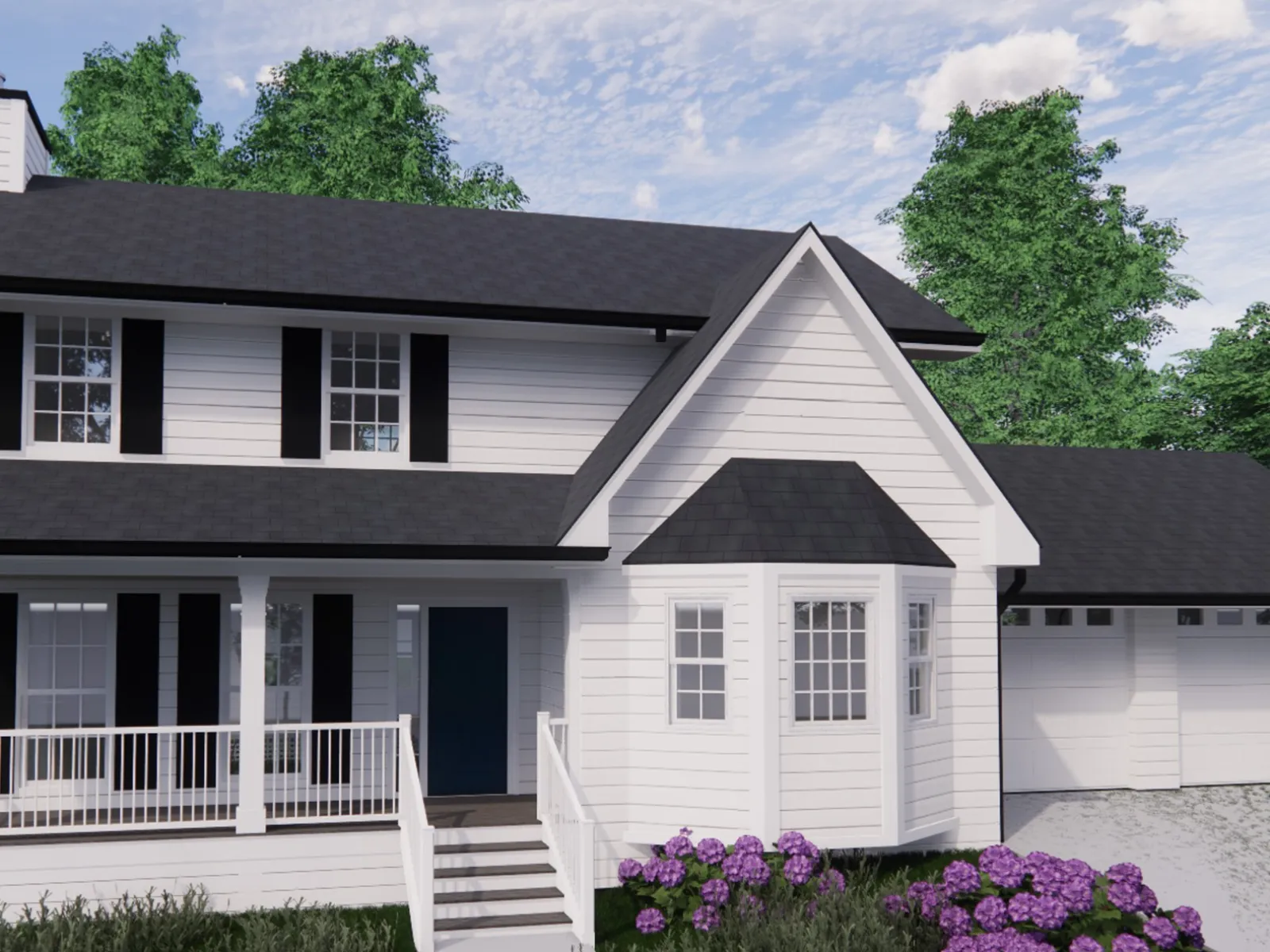 Modern two-story house with a porch, black shutters, and lush greenery around it.
