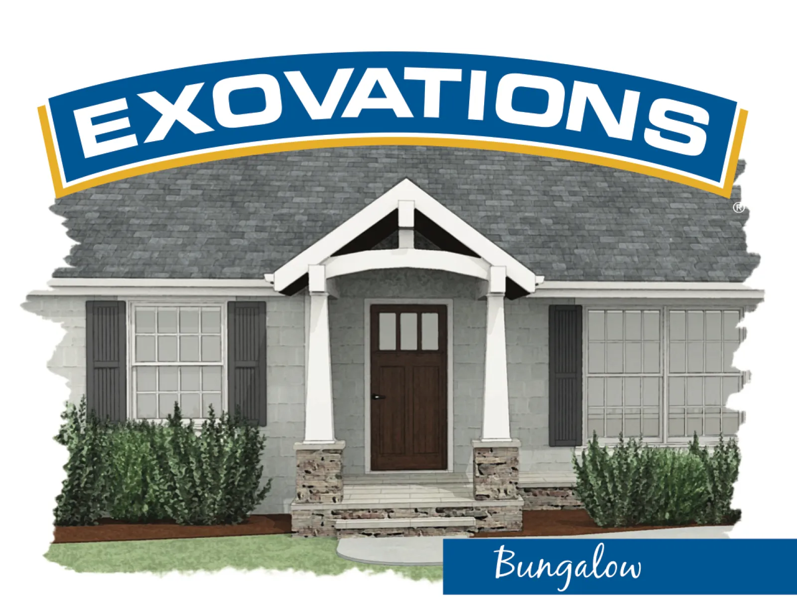 Front view of a bungalow with gable style portico, tapered square columns, and stone base accents.