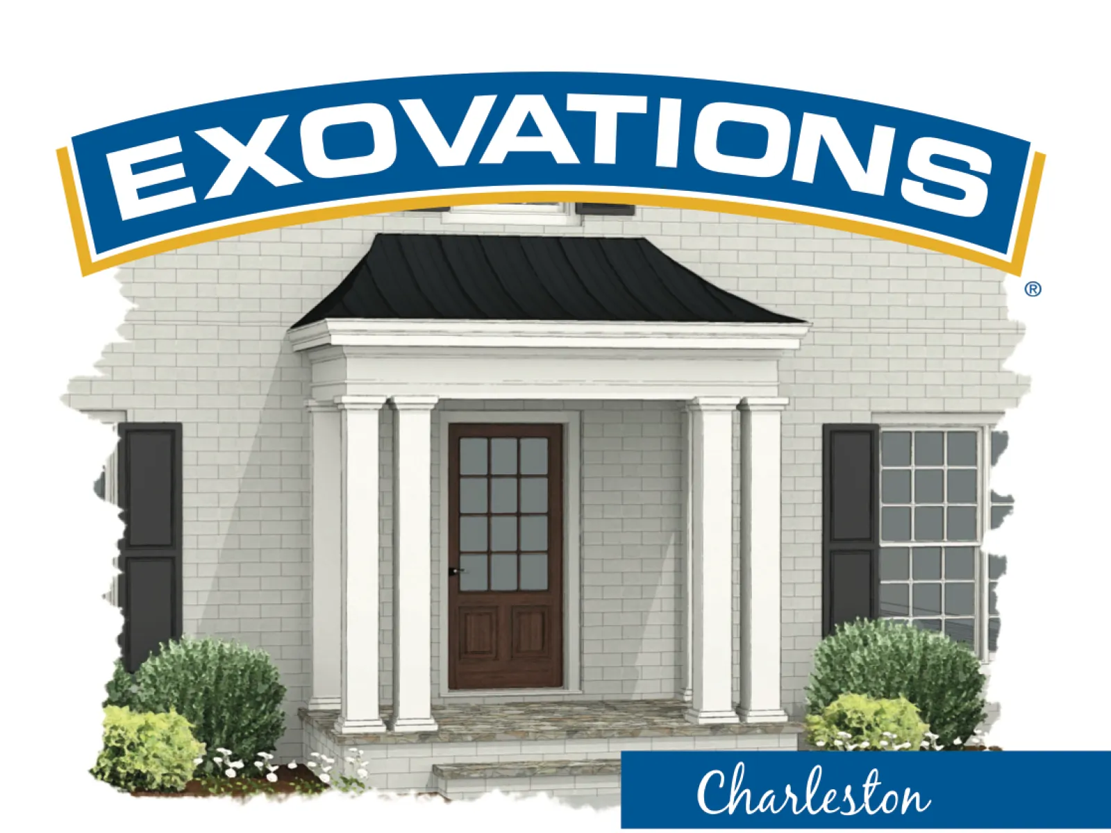 Classic Charleston style portico with curved metal roof, tapered columns, beaded ceiling, and Hardie details on a white brick home.