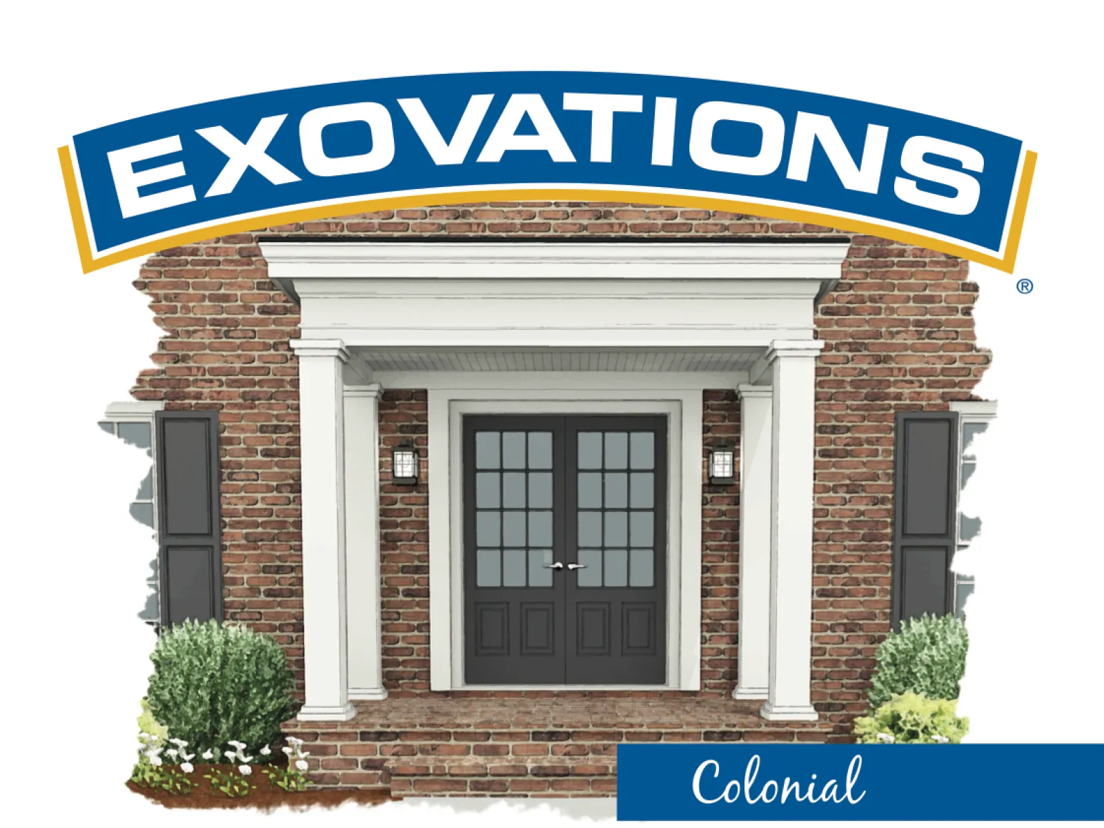 Colonial style brick portico with double black doors, white columns, and classic architectural details from Exovations.