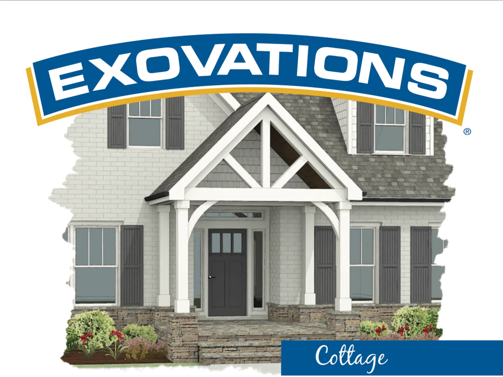 Front view of a cottage-style home portico with gable roof, cedar posts, stone base, and gray door.